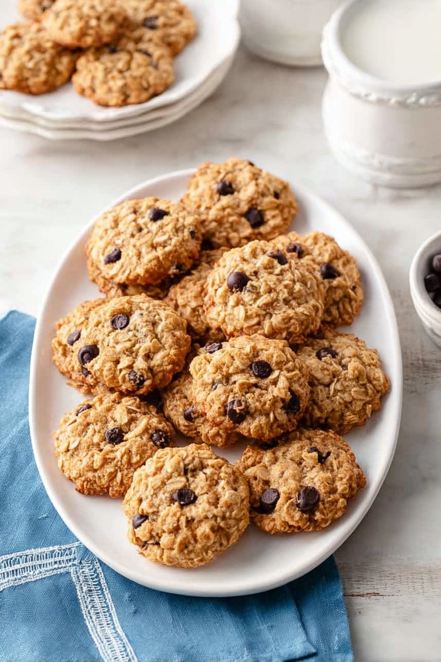 Peanut Butter No Bake Cookies, no bake cookie recipe, easy peanut butter cookies, quick no bake desserts, simple cookie recipes - A white oval plate filled with a single layer of round oatmeal cookies dotted with small dark chocolate chips. The cookies are golden brown with visible oat flakes and chocolate chips scattered evenly on the surface. The plate sits on a white marbled surface, beside a blue cloth napkin with white stitching on the corner. In the background, partially visible, are white bowls and scalloped white plates, also with oatmeal cookies. The light is soft and natural, highlighting the texture of the cookies and the smooth surface around them. photo taken with an iphone --ar 2:3 --v 7