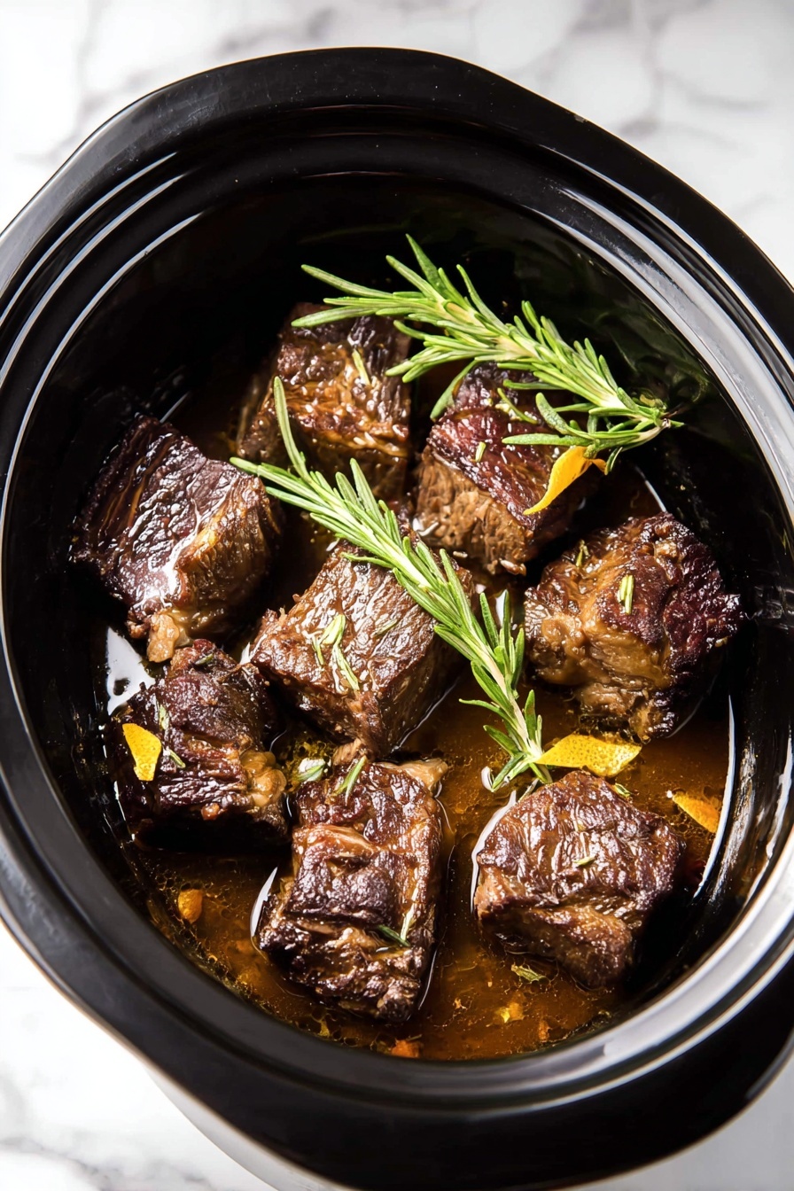 Slow Cooker Beef Short Ribs, Beef Short Ribs Recipe, Tender Short Ribs, Easy Slow Cooker Dinner, Fall-Off-The-Bone Beef - The image shows a black slow cooker filled with eight pieces of dark brown cooked meat, each piece having a slightly crispy texture on the outside and some visible fat. The meat pieces are partly sitting in a thin brown sauce with a few small slices of yellow zest or strips. On top of the meat lies a green sprig of rosemary for garnish. The slow cooker is placed on a white marbled surface. photo taken with an iphone --ar 2:3 --v 7