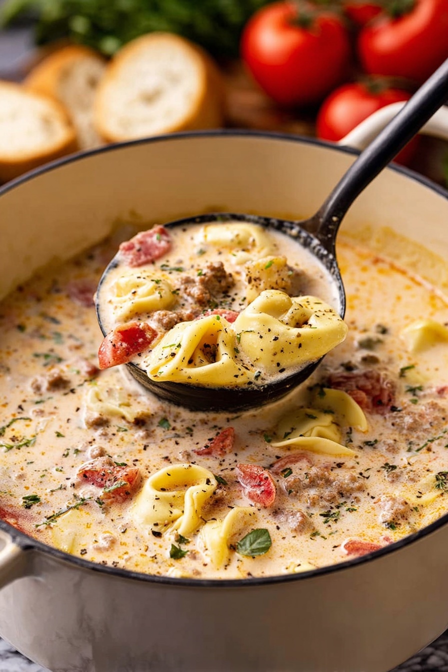 Sausage Tortellini Soup, sausage tortellini soup, creamy sausage tortellini, comforting soup recipes, easy sausage soup - A big white pot filled with creamy soup shows many layers inside: soft yellow tortellini pasta, juicy red tomato pieces, and small brown meat bits mixed in a thick white cream base with green herb bits and sprinkled black pepper on top. A black ladle lifts a spoonful of this soup, showing the layers clearly against the white marbled surface background. Some bread and ripe red tomatoes appear blurred in the back. Photo taken with an iphone --ar 2:3 --v 7