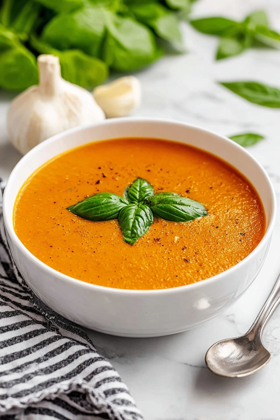 Tomato Basil Soup, easy tomato basil soup, creamy tomato soup, quick tomato basil recipe, comforting soup - A white bowl filled with smooth orange soup that has a slightly speckled texture, topped with three fresh green basil leaves in the center. The bowl sits on a white marbled surface, with two whole garlic bulbs placed to the left. On the right side of the bowl, there is a shiny silver spoon resting on the marbled surface. In the background, blurred green leafy vegetables and a black and white striped cloth are visible. The photo taken with an iphone --ar 2:3 --v 7