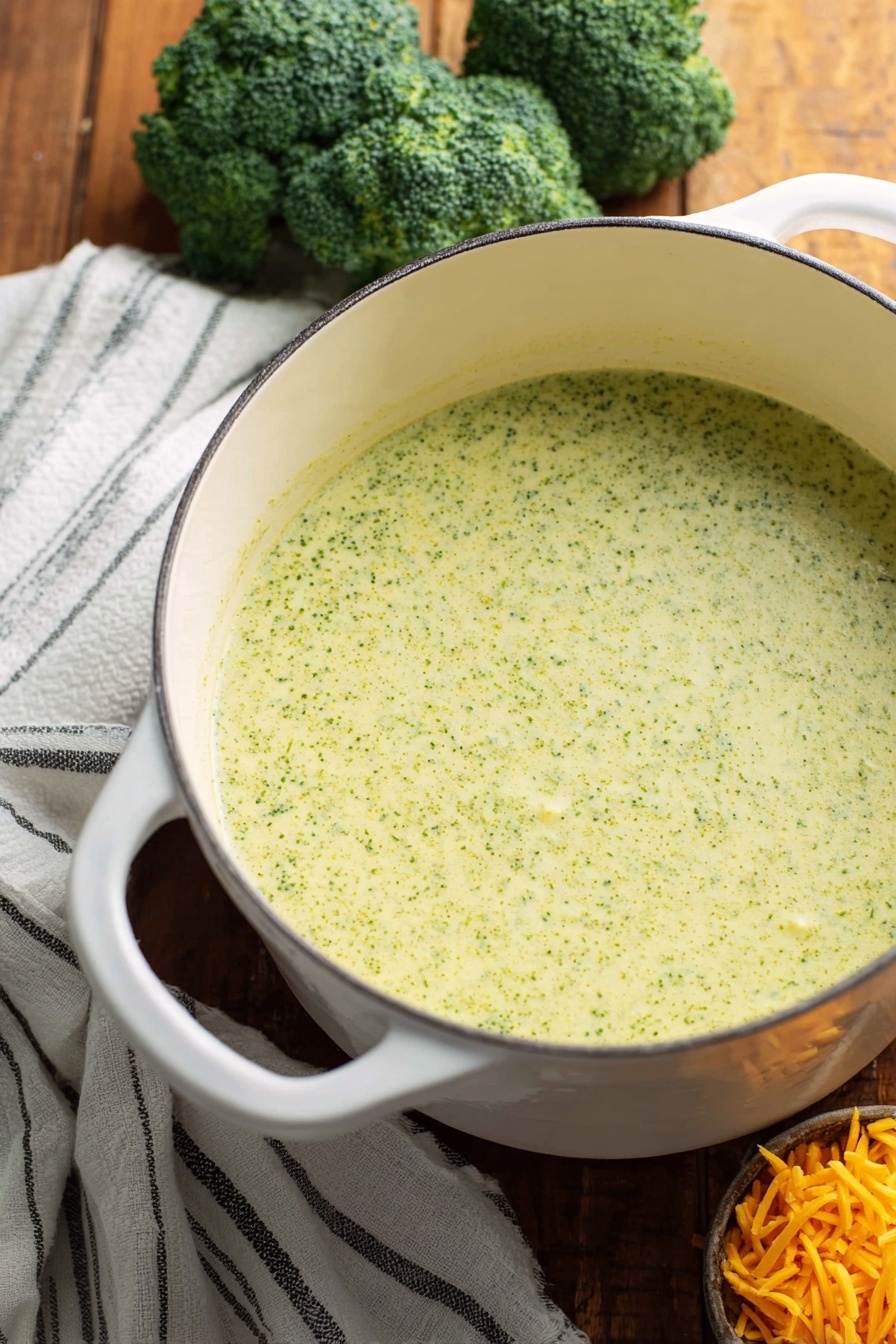 Cream of Broccoli Soup, Broccoli Soup Recipe, Healthy Broccoli Soup, Velvety Broccoli Soup, Easy Creamy Broccoli Soup - A large white pot filled with creamy, light green broccoli soup with tiny bits of broccoli visible in the smooth texture. The pot has two white handles and sits on a wooden surface. Around the pot there are fresh dark green broccoli heads on the left and a small pile of shredded orange cheese on the right. A white and black striped cloth is draped casually behind the pot. Photo taken with an iphone --ar 2:3 --v 7