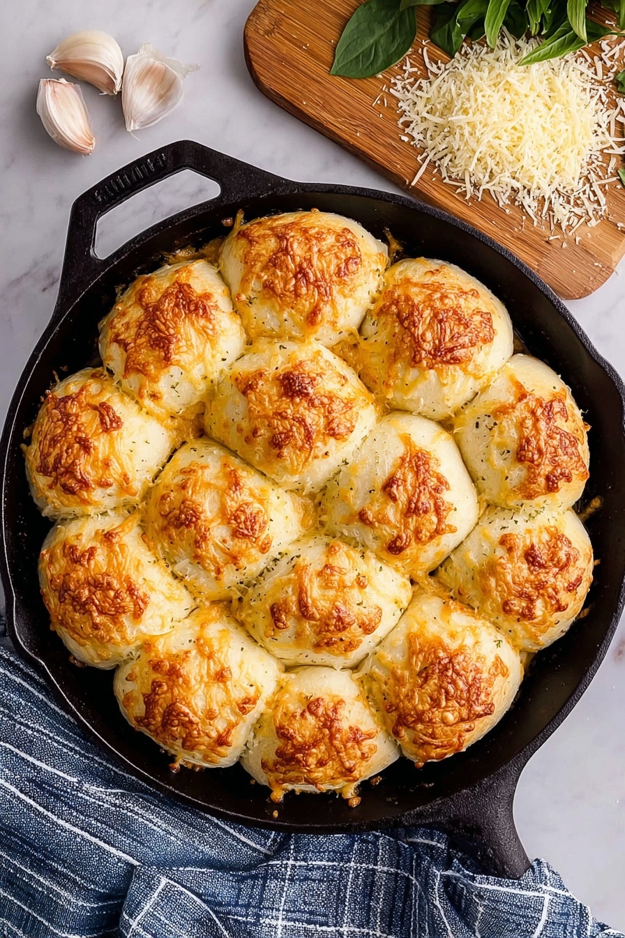 Cheesy Garlic Butter Pull Apart Rolls, cheesy garlic bread, pull apart bread, soft cheesy rolls, garlic butter bread - In a black skillet, there are twelve golden-brown bread rolls arranged closely in a circle, each roll topped with melted and browned cheese, showing some uneven crispy textures. The dough looks soft with a light crust, and the cheese adds a slightly rough texture on top of each roll. Around the skillet, there is a wooden board with grated cheese and a green leafy herb in the upper right corner. On the white marbled surface, near the skillet handle, there is a bulb of garlic with some cloves separated. A blue and white striped cloth is placed near the bottom edge. Photo taken with an iphone --ar 2:3 --v 7