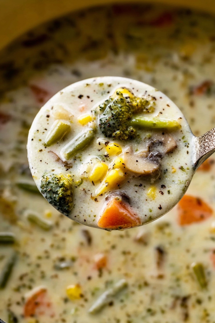 Creamy Vegetable Soup, Vegetable Soup Recipe, Healthy Vegetable Soup, Easy Creamy Soup, Cozy Vegetarian Soup - A close-up view of a spoon filled with creamy vegetable soup held above a pot. The soup has a thick white base with small black pepper specks, and visible pieces of carrots, green beans, corn, broccoli, and mushrooms. The soup has a soft texture with mixed colors of green, orange, yellow, and brown from the vegetables. The background shows the same soup in the pot with some light reflections on the surface. Photo taken with an iphone --ar 2:3 --v 7