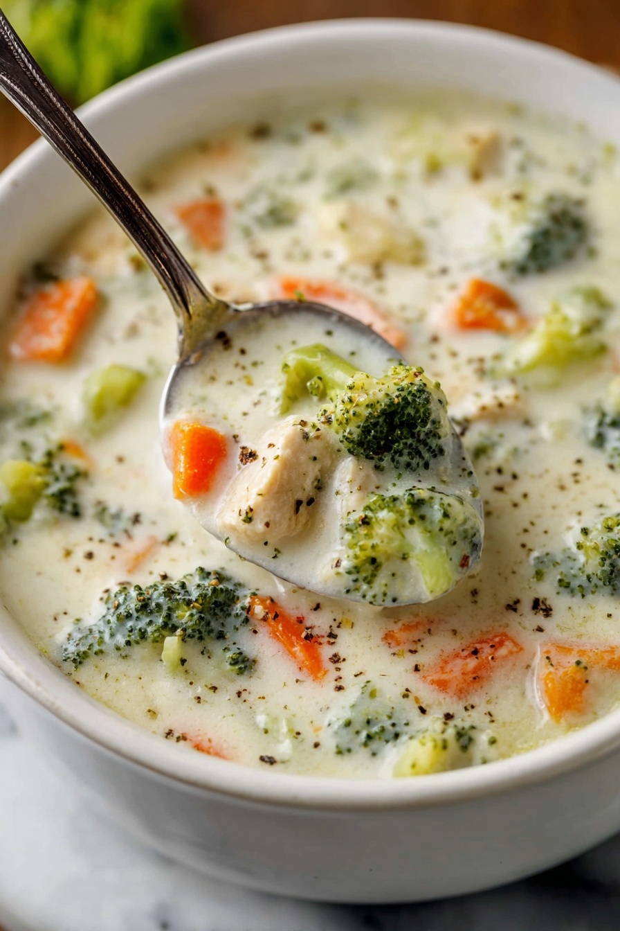 Creamy Vegetable Soup, Vegetable Soup Recipe, Healthy Vegetable Soup, Easy Creamy Soup, Cozy Vegetarian Soup - A white bowl filled with creamy thick soup showing chunks of bright green broccoli, orange carrots, and small pieces of chicken mixed in the white creamy broth. A silver spoon scoops some of the soup, highlighting the texture with visible pepper specks on top, all set on a white marbled surface. photo taken with an iphone --ar 2:3 --v 7