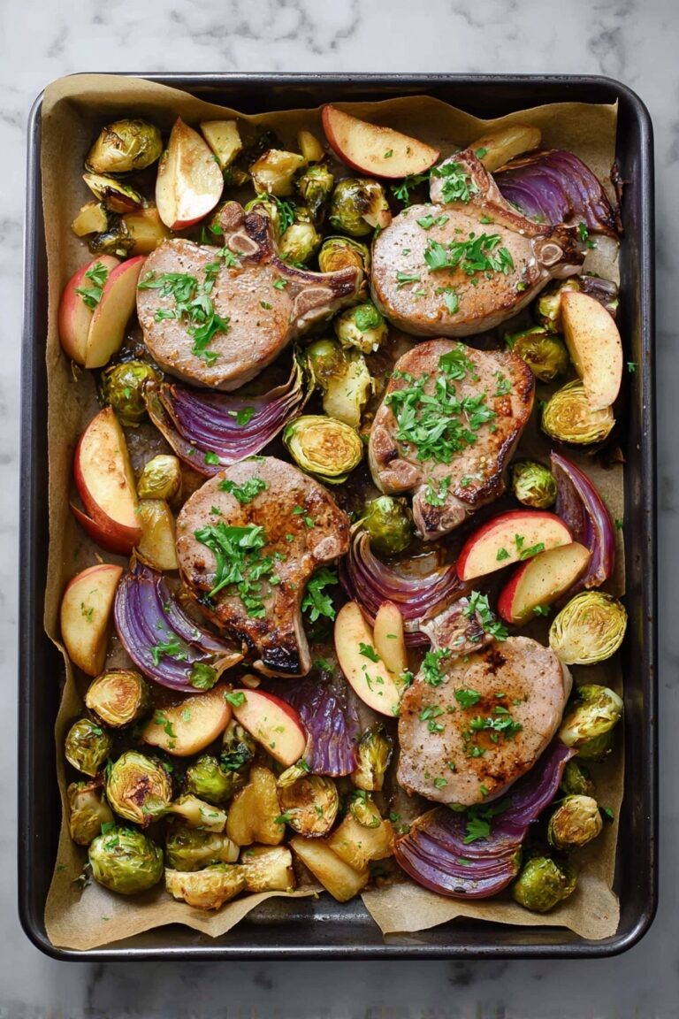 Sheet Pan Lemon Sage Pork Chops with Roasted Apples and Brussels Sprouts Recipe