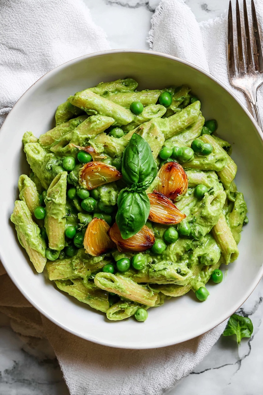 Green Pea Pasta with Basil and Tofu Cream Sauce, vegan pasta recipes, healthy pea pasta dish, dairy-free pasta sauce, easy vegetarian pasta - A white round bowl filled with penne pasta covered in a thick, creamy green sauce. On top, there are bright green peas, small pieces of golden-brown roasted garlic, and a few fresh basil leaves in the center. The bowl is placed on white marbled texture with a silver fork resting nearby on a white cloth. Photo taken with an iphone --ar 2:3 --v 7