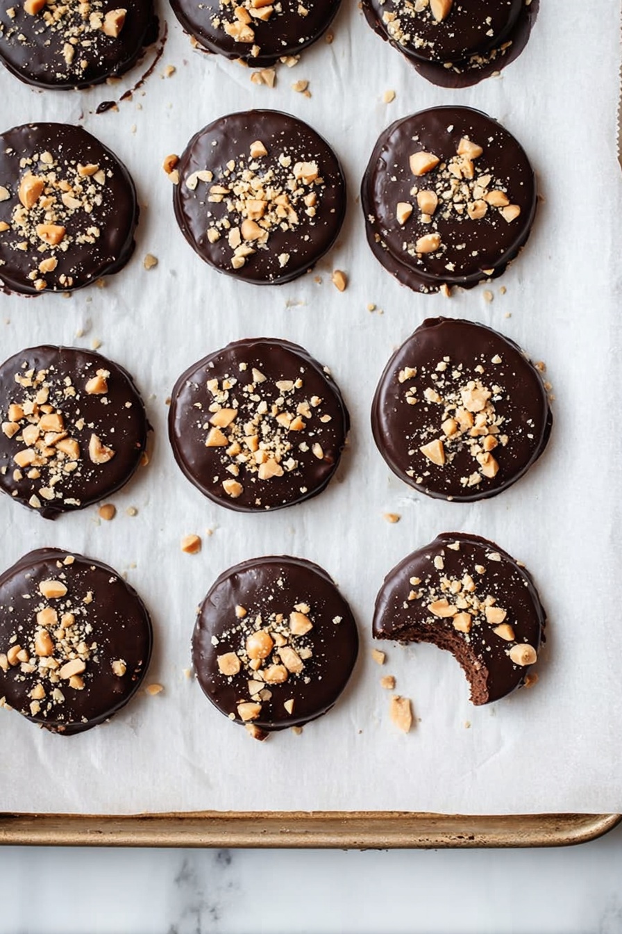 Vegan Chocolate-Coated Peanut Butter Cracker Sandwiches, vegan snack recipes, easy vegan dessert, no-bake vegan treats, quick vegan treats - There are 14 small round treats laid out in rows on white baking paper over a tray. Each treat has a shiny, dark chocolate layer on top, sprinkled with small chunks of light brown nuts. One treat in the bottom right corner has a bite taken out, showing a lighter inside. The edges of the chocolate coating are slightly uneven with some small drips. The tray sits on a white marbled surface. photo taken with an iphone --ar 2:3 --v 7