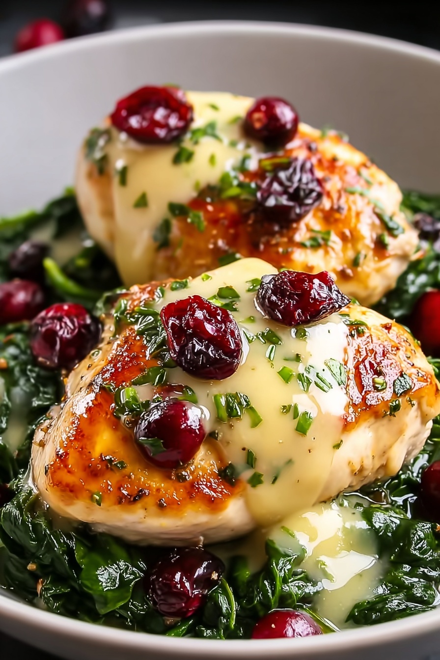 Cranberry & Spinach Stuffed Chicken Breasts with Brie, stuffed chicken breast recipes, elegant chicken dinner ideas, healthy stuffing chicken, creamy brie chicken recipes - Two pieces of golden brown chicken are placed on a bed of dark green cooked spinach in a white bowl. Each piece of chicken is topped with a creamy pale yellow sauce, sprinkled with chopped green herbs and dotted with shiny red cranberries. The chicken looks juicy and tender, contrasting with the soft texture of the spinach. The dish is shiny with some light reflecting on the sauce and cranberries, all set on a white marbled surface. photo taken with an iphone --ar 2:3 --v 7