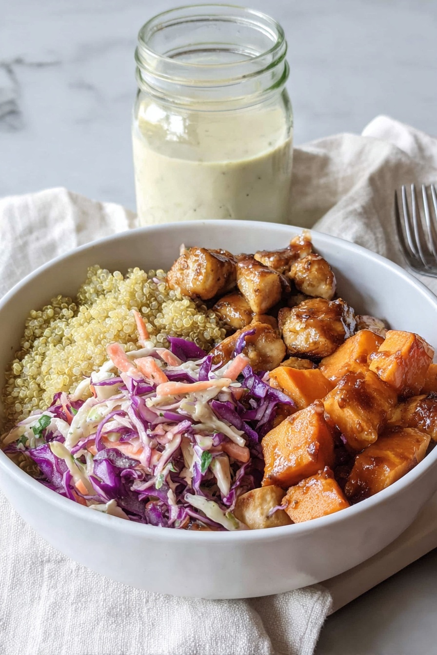 Healthy Hot Honey Chicken Bowls, hot honey chicken bowls, Sweetgreen copycat bowls, healthy chicken bowl recipes, flavorful nutritious bowls - The image shows a white bowl with four different parts of food arranged side by side. The first layer on the left is light yellow quinoa with a grainy texture. Next to it is a layer of purple and light orange coleslaw made from shredded cabbage and carrots mixed with a creamy dressing. The top-right section contains small browned chicken pieces with a golden glaze. The last section on the bottom-right has roasted orange sweet potato cubes with a slightly crispy look. Behind the bowl is a glass jar with a creamy white sauce. The whole scene is set on a white marbled surface with a light fabric in the background. Photo taken with an iphone --ar 2:3 --v 7