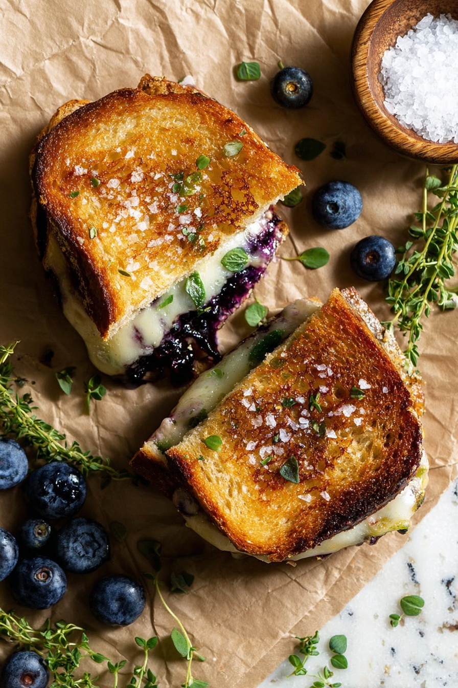 Blueberry White Cheddar Grilled Cheese with Lemon Thyme, blueberry grilled cheese, gourmet grilled cheese sandwich, fruit and cheese sandwich, lemon thyme grilled cheese - A sandwich is cut into two pieces and placed on brown paper, with toasted golden-brown bread on top showing some melted white cheese and dark purple filling peeking out from inside. The sandwich is sprinkled with small green herb leaves and flaky white salt on top. Around the sandwich are fresh blueberries and sprigs of green herbs. To the upper right, there is a small round wooden bowl filled with coarse salt. The background is a white marbled texture. photo taken with an iphone --ar 2:3 --v 7