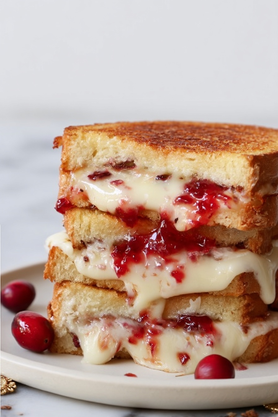 Cranberry Turkey Grilled Cheese Sandwich, savory cranberry turkey sandwich, holiday leftover grilled cheese, sweet and savory grilled cheese, easy turkey melt - The image shows a thick sandwich with three layers of toasted golden-brown bread stacked on top of each other, each layer spreading melted creamy cheese that is slightly dripping down the sides. Between the cheese layers, there is bright red jam with a smooth, glossy texture that contrasts with the melted cheese. The sandwich sits on a white plate placed on a white marbled surface. Some whole red berries are placed near the sandwich, adding color and detail. photo taken with an iphone --ar 2:3 --v 7