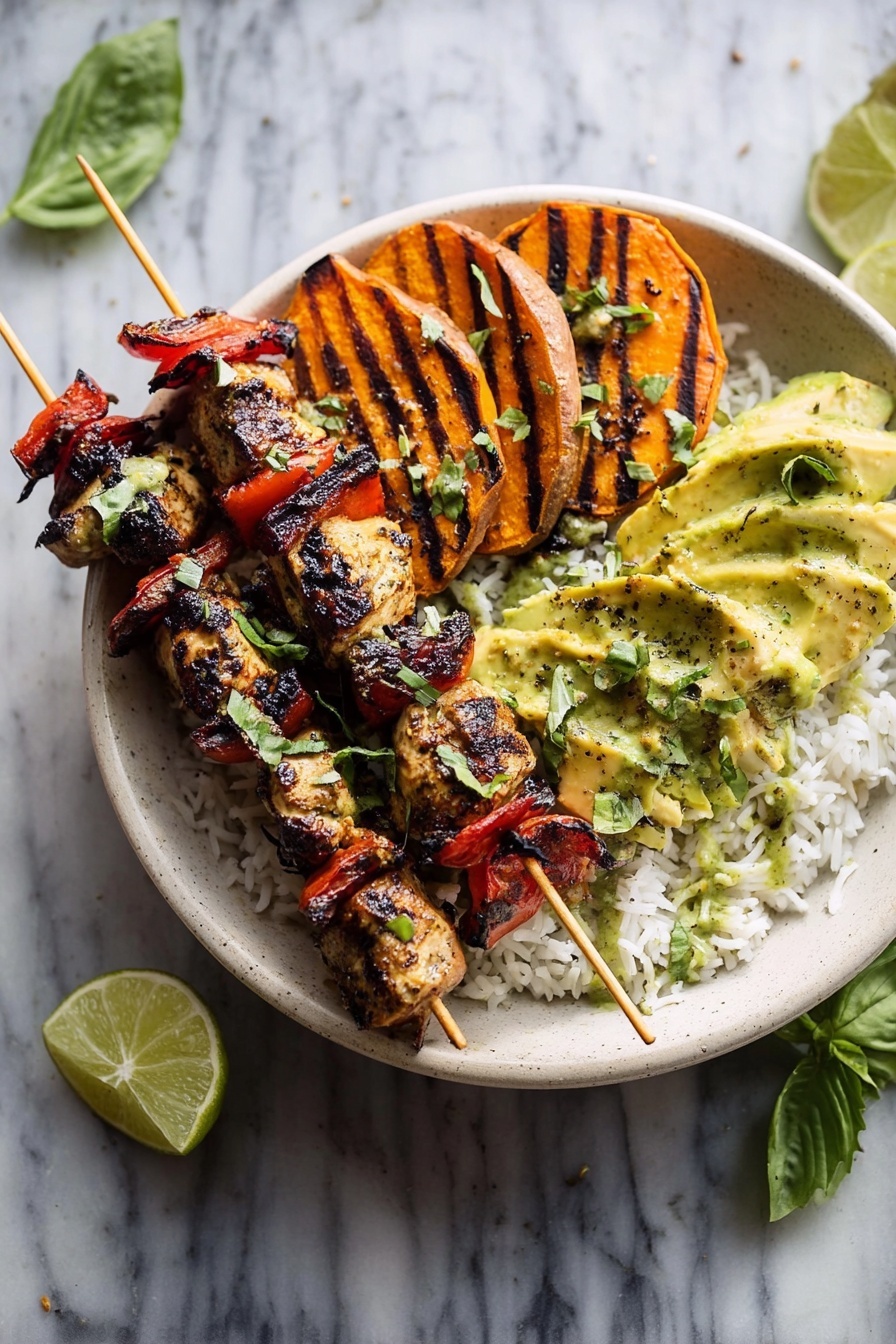 Grilled Chili Lime Honey Chicken, Chili Lime Honey Chicken with Roasted Sweet Potatoes and Avocado Salsa, Healthy Chicken Recipes, Easy Grilled Dinner Ideas, Vibrant Chicken and Veggie Meals - A white bowl shows a meal with three main layers. The bottom layer is white cooked rice that fills the bowl. Above the rice, two wooden skewers hold grilled pieces of chicken and red bell pepper, both having a slightly charred texture and mixed brown and red colors. On the left side on top of the rice, there are thick grilled sweet potato slices in orange with grill marks and sprinkled green herbs. On the right side, there are slices of yellow-green avocado with a light green sauce and small bits of green herbs on top. The dish is garnished with fresh green basil leaves. The bowl sits on a white marbled surface, and there are some lime halves placed nearby. Photo taken with an iphone --ar 2:3 --v 7