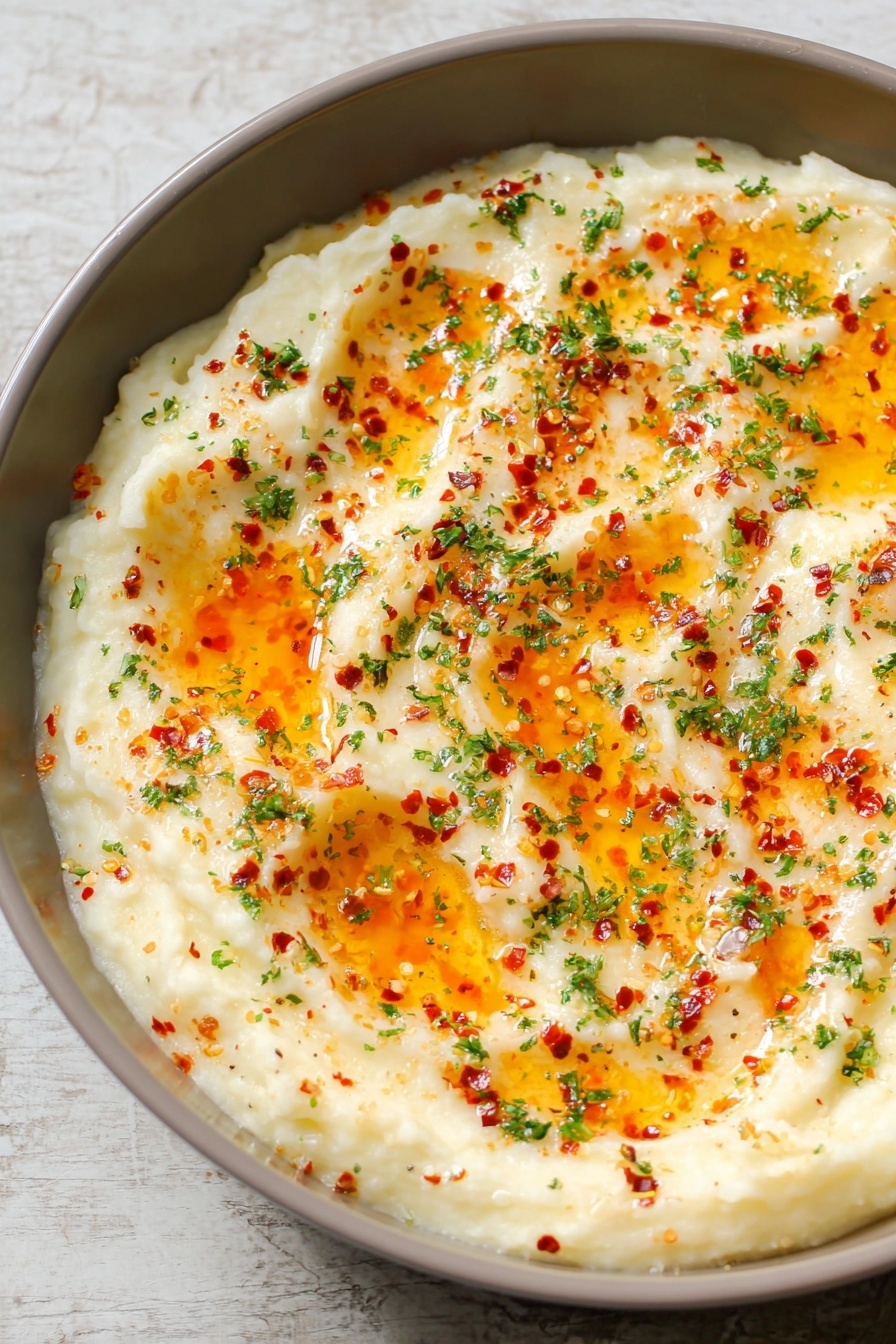 Vegan Brie Dip with Pepper Jelly, vegan cheese dip, dairy-free party dip, spicy vegan appetizer, crowd-pleasing vegan dip - The image shows a pan filled with creamy mashed potatoes as the thick, smooth bottom layer, pale off-white in color. On top, there are scattered patches of melted golden-orange butter that form small pools with a shiny, oily texture. Sprinkled over everything are small, evenly spread red chili flakes and finely chopped green herbs, adding a contrast of red and green specks against the creamy white base. The pan is a neutral gray, and the surface underneath has a white marbled texture. photo taken with an iphone --ar 2:3 --v 7