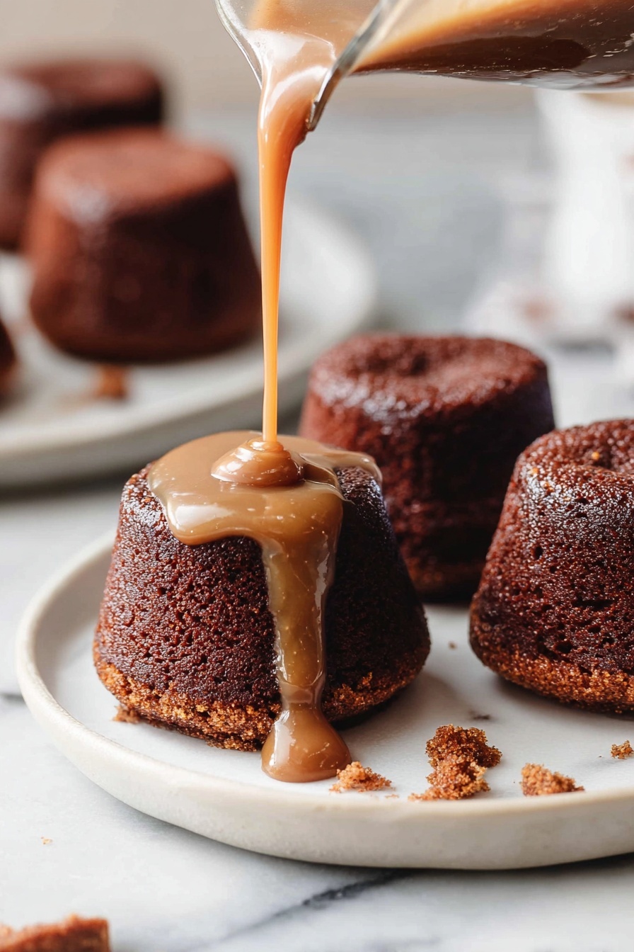 Sticky Toffee Pudding with Warm Toffee Sauce, how to make sticky toffee pudding, easy sticky toffee pudding recipe, best toffee pudding dessert, moist sticky toffee pudding - A group of four small, round, dark brown cakes sit on a white plate on a white marbled surface. The closest cake is in the middle and has a thick light brown sauce being poured over it from a clear glass jug, with the sauce dripping down the sides. The texture of the cake looks soft and spongy. The other three cakes are whole, showing more of the rough cake texture. Small crumbs are scattered lightly on the plate near the cakes. The background is softly blurred, keeping focus on the cakes and sauce. Photo taken with an iphone --ar 2:3 --v 7