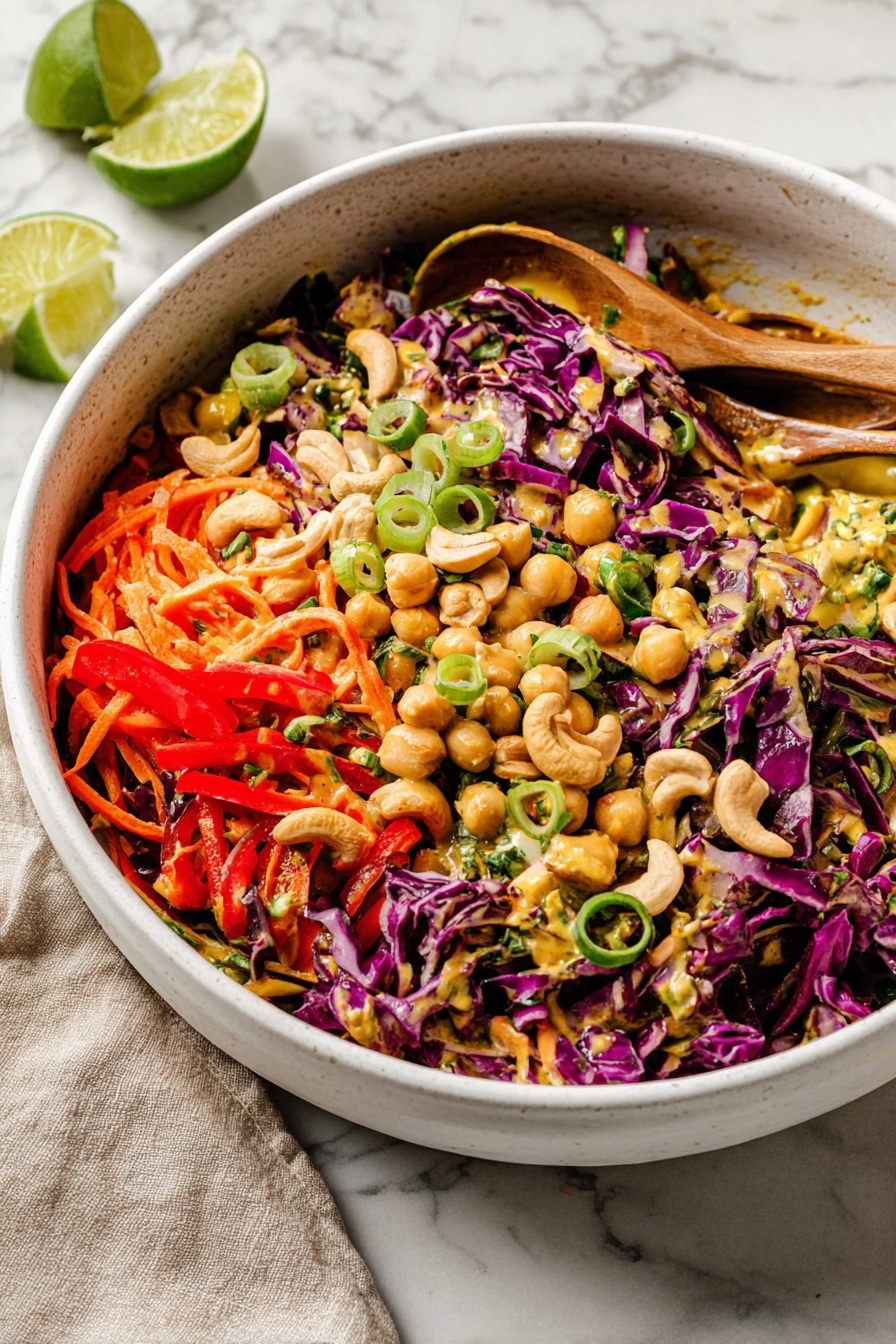 Chopped Thai-Inspired Chickpea Salad with Curry Peanut Dressing, Thai chickpea salad, healthy chickpea salad, Thai-inspired vegan salad, easy plant-based recipes - A large white bowl filled with a colorful salad shows many layers and textures. The bottom layers are shredded bright purple cabbage and thin orange carrot strips spread all over. On top, there are slices of green onion rings, whole beige chickpeas, and white cashew nuts scattered through the salad. Small green herb bits are mixed in, and pieces of bright red bell pepper add more color. The salad looks lightly dressed with a yellowish sauce. Two wooden spoons are partly in the bowl, resting on the salad. A wedge of lime and some extra green onion rings sit on a white marbled surface beside the bowl. Photo taken with an iphone --ar 2:3 --v 7