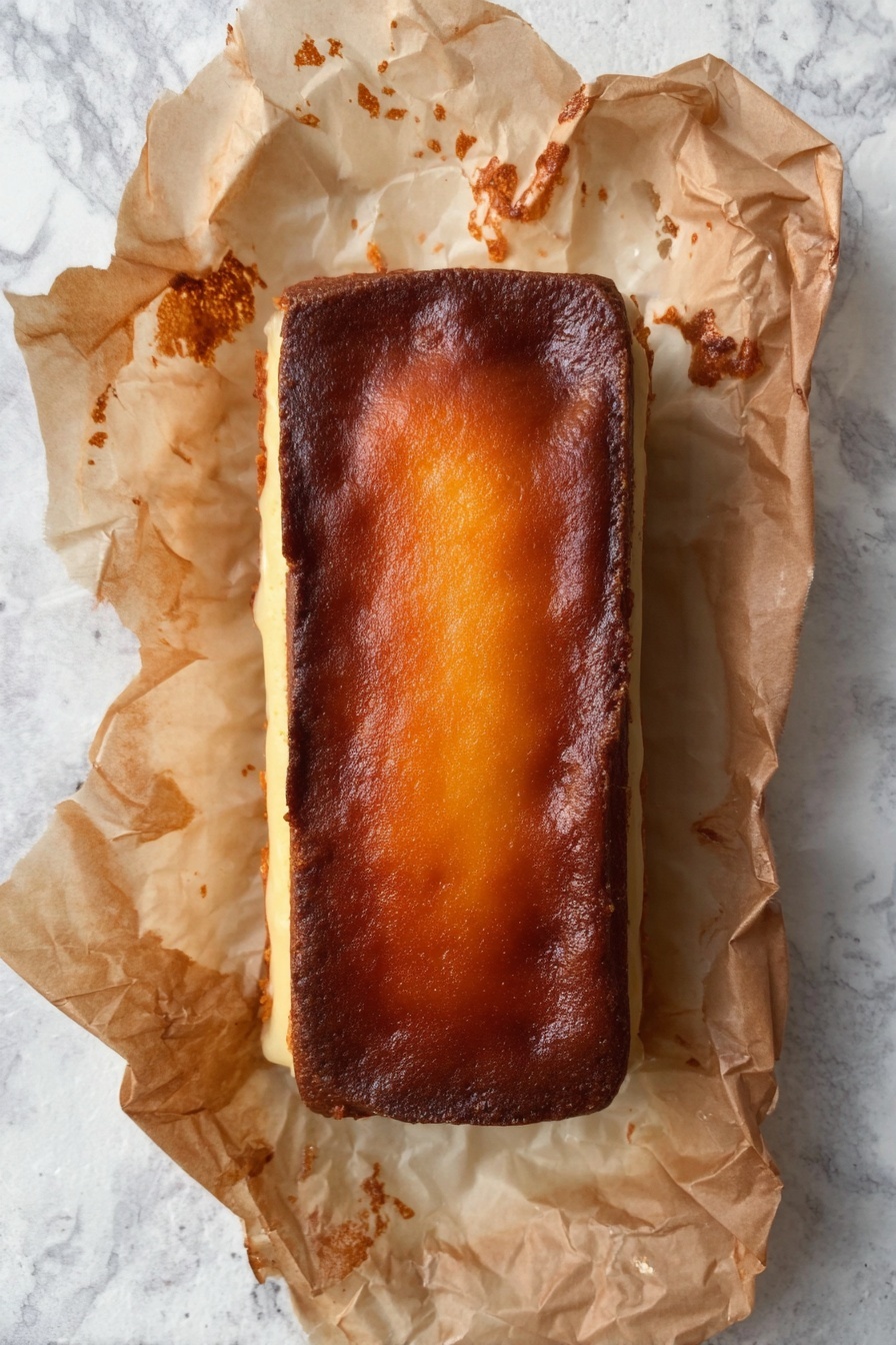 Loaf Pan Basque Cheesecake, Basque cheesecake in loaf pan, easy Basque cheesecake recipe, caramelized cheesecake, creamy baked cheesecake - A rectangular cake with a golden-brown top layer that is slightly darker at the edges, creating a caramelized look, rests on crumpled parchment paper. The sides of the cake are a pale yellow, contrasting with the rich top, and the parchment paper underneath shows spots of baked residue. The background surface is a white marbled texture, making the cake the main focus. photo taken with an iphone --ar 2:3 --v 7