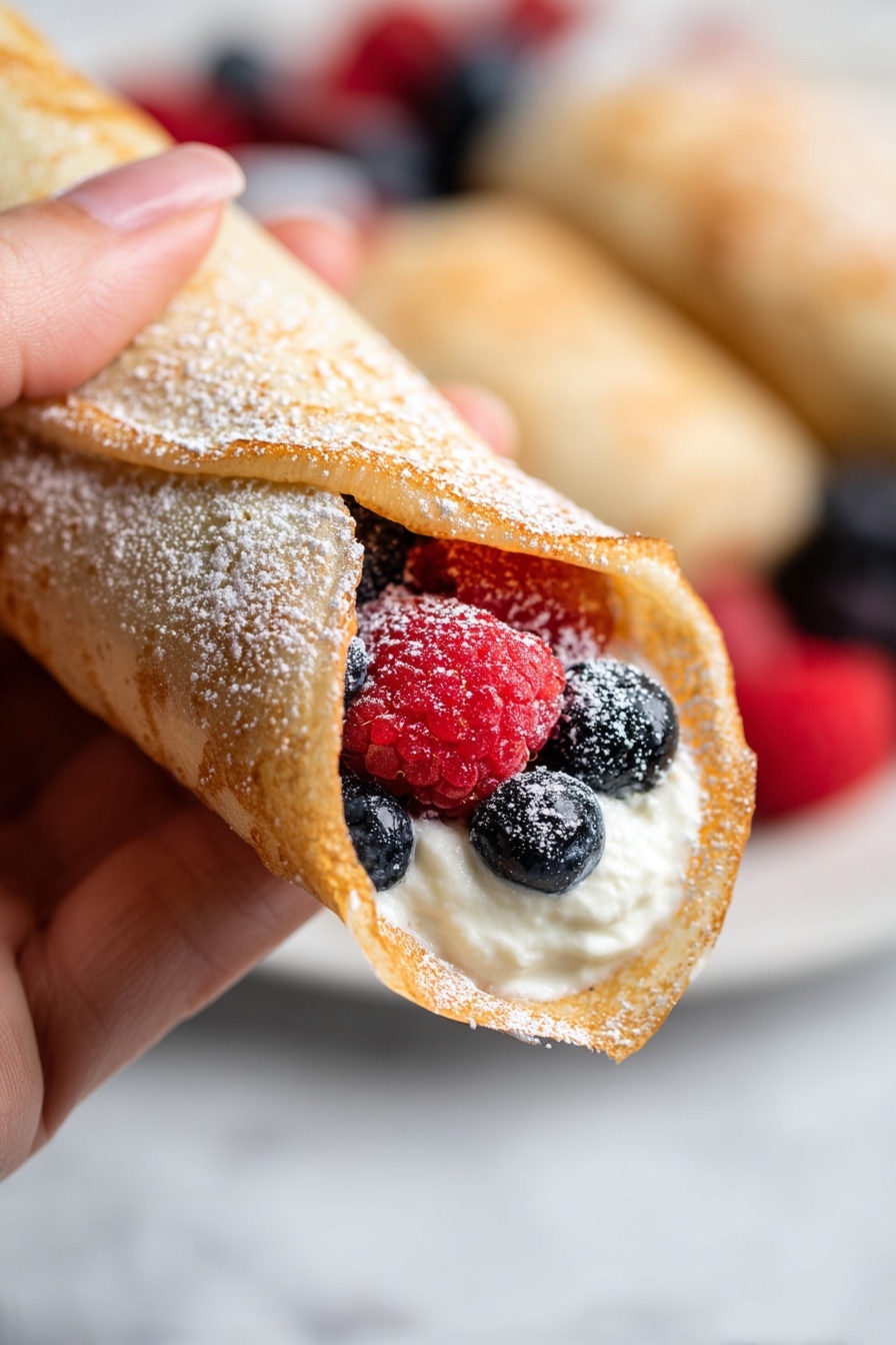 Keto Protein Crepes, low-carb breakfast ideas, high-protein keto breakfast, keto-friendly pancake alternatives, quick keto breakfast - A close-up view shows a folded light brown crepe held by a person's fingers. The crepe has a soft texture with a dusting of powdered sugar on its surface. Inside the crepe, there is a layer of white creamy filling topped with dark blue blueberries and a bright red raspberry, also dusted lightly with powdered sugar. In the blurred background, more crepes and berries can be seen on a white plate placed on a white marbled surface. photo taken with an iphone --ar 2:3 --v 7