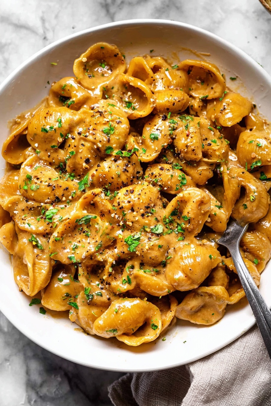 French Onion Pasta with Cheesy Sauce, French Onion Pasta, cheesy pasta recipe, caramelized onion pasta, easy comfort food pasta - A white bowl filled with creamy pasta coated in a light brown sauce, the pasta pieces are round and shell-like in shape with smooth, glossy textures. The sauce covers each piece evenly, with small green herb flakes sprinkled on top as garnish, along with black pepper bits adding contrast. A silver spoon rests on the right side of the bowl, partially buried in the pasta. The bowl is set against a white marbled surface, with a soft, neutral cloth visible in the lower right corner. photo taken with an iphone --ar 2:3 --v 7