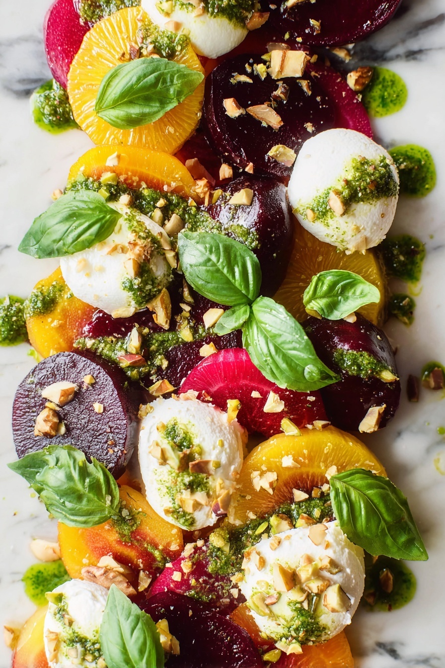 Roasted Beet and Burrata Salad, beet and burrata salad, gourmet beet salad with burrata, citrus beet salad, easy elegant salad - The dish shows a colorful mix of layers starting with slices of yellow and red beets covering the base, topped with soft white dollops of cheese spread in round shapes. On top of this, there are sections of bright red citrus pieces and dark purple beet slices scattered around. Green leaves of basil are placed evenly over the dish, alongside small dollops of a bright green sauce. Crushed nuts are sprinkled lightly all over, adding texture. The whole arrangement sits on a white marbled surface, and the photo was taken with an iphone --ar 2:3 --v 7