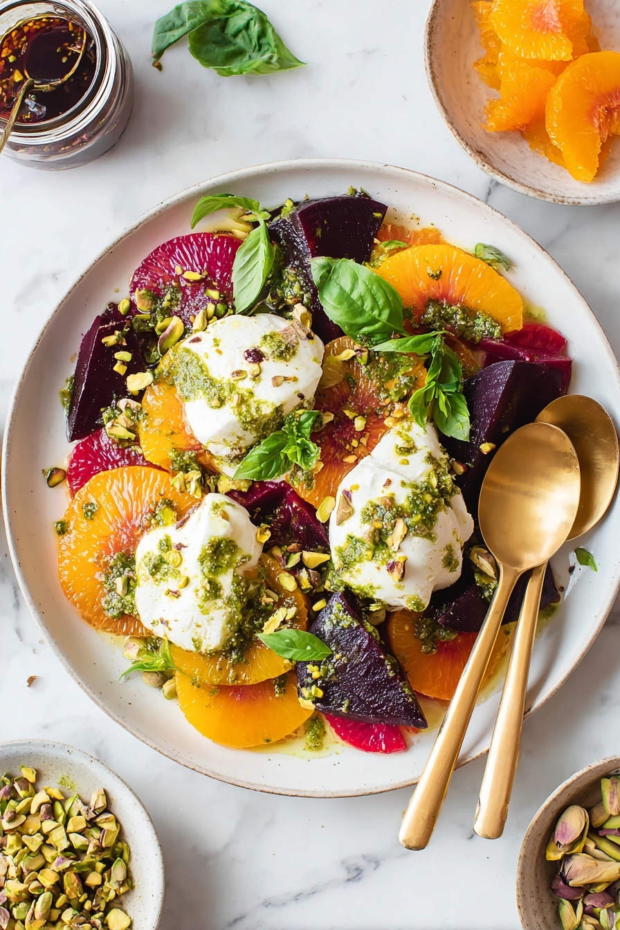 Roasted Beet and Burrata Salad, beet and burrata salad, gourmet beet salad with burrata, citrus beet salad, easy elegant salad - A white plate holds a colorful salad with three main layers: the bottom layer is made of orange and yellow sliced beets, and bright red citrus segments, arranged spread out and overlapping; on top of this are dark purple roasted beet wedges scattered across; then, three dollops of soft, white burrata cheese are placed evenly around the plate, slightly melted. The dish is drizzled with a rough green herb sauce over everything, and sprinkled with chopped pistachios and fresh basil leaves, adding texture and green color spots. Two gold spoons rest on the right side of the plate. The background is a white marbled surface with a small jar of sauce on the top left, a bowl with chopped pistachios on the bottom right, and citrus peel pieces scattered at the bottom. Photo taken with an iphone --ar 2:3 --v 7