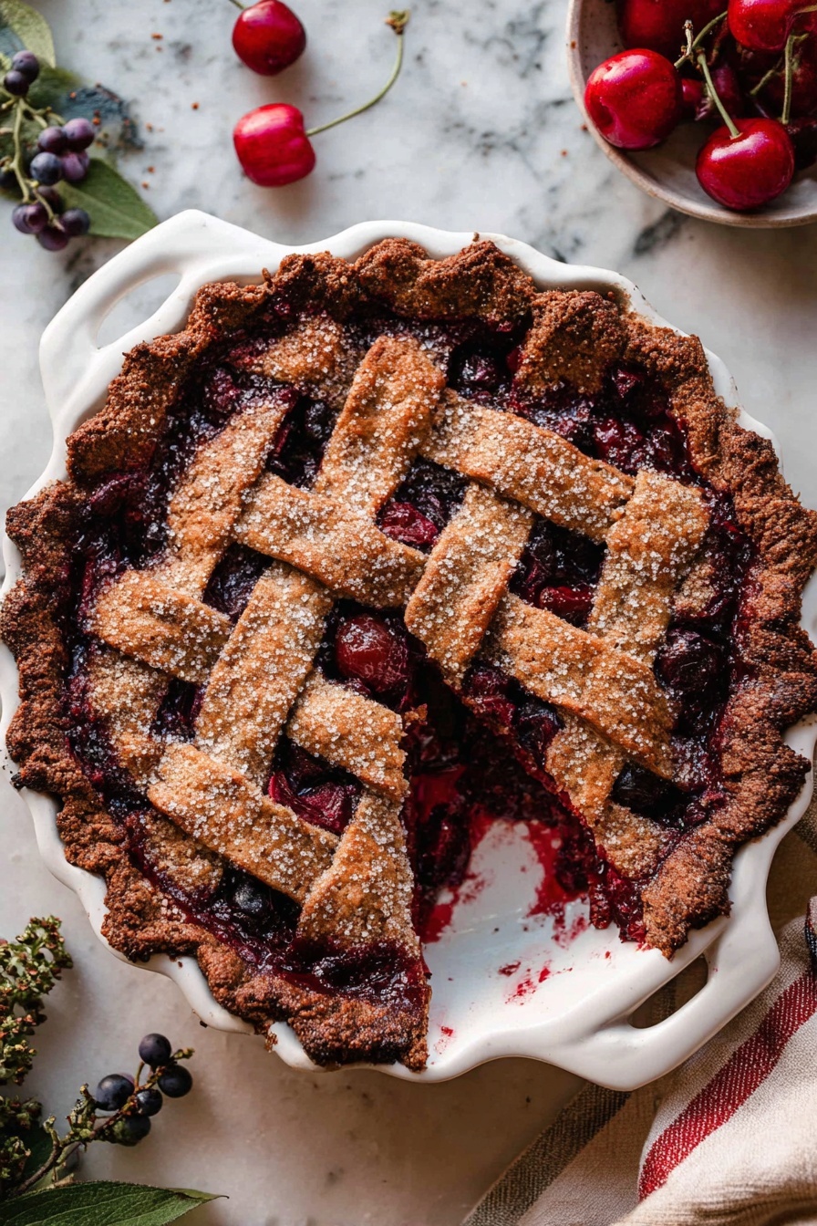 Chocolate Cherry Black Forest Pie, Chocolate Cherry Pie, Black Forest Pie Recipe, Cherry Chocolate Dessert, Easy Black Forest Pie - A round cherry pie with a lattice top crust in a white baking dish with handles. The crust is deep brown and looks crispy with large sugar crystals on top. The filling underneath is bright and dark red with chunks of cherries visible through the gaps in the lattice. The dish sits on a white marbled surface with a couple of fresh cherries and some green and purple berries and leaves nearby. There is a slice partly removed, showing the juicy cherry filling inside. Photo taken with an iphone --ar 2:3 --v 7