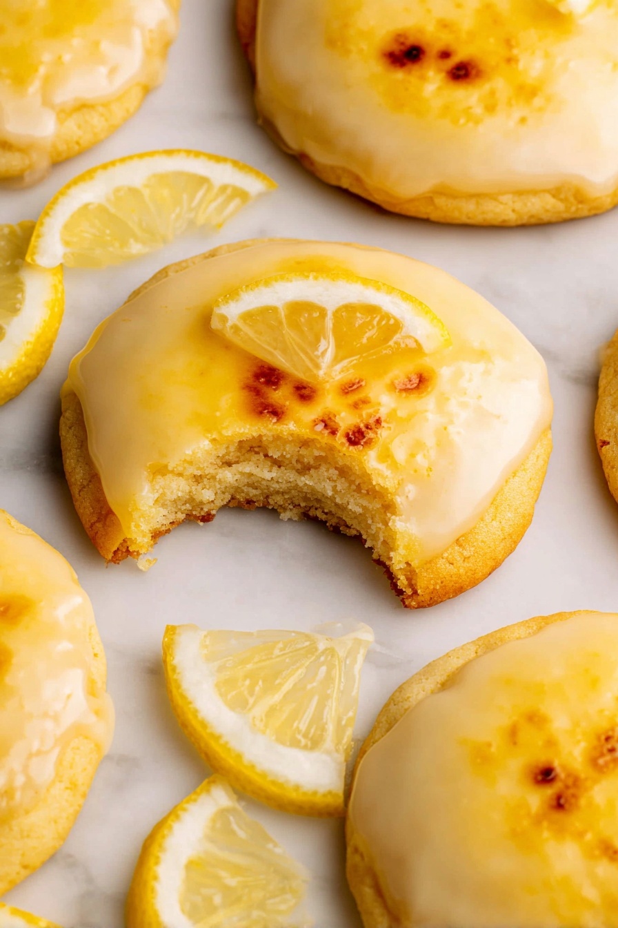 Lemon Crème Brûlée Cookies, citrus dessert recipes, lemon cookies with brûlée topping, zesty lemon cookies, creamy citrus cookie treats - The image shows several round lemon cookies with two layers: a smooth, slightly browned lemon glaze on top with small charred spots, and a soft, golden cookie base underneath; one cookie has a small wedge of lemon resting on the edge of the glaze, and another cookie is missing a bite, revealing the crumbly, pale yellow inside. Around the cookies, there are thin lemon slices with bright yellow rind and pale flesh. All the cookies and lemon slices are placed on a white marbled surface. photo taken with an iphone --ar 2:3 --v 7