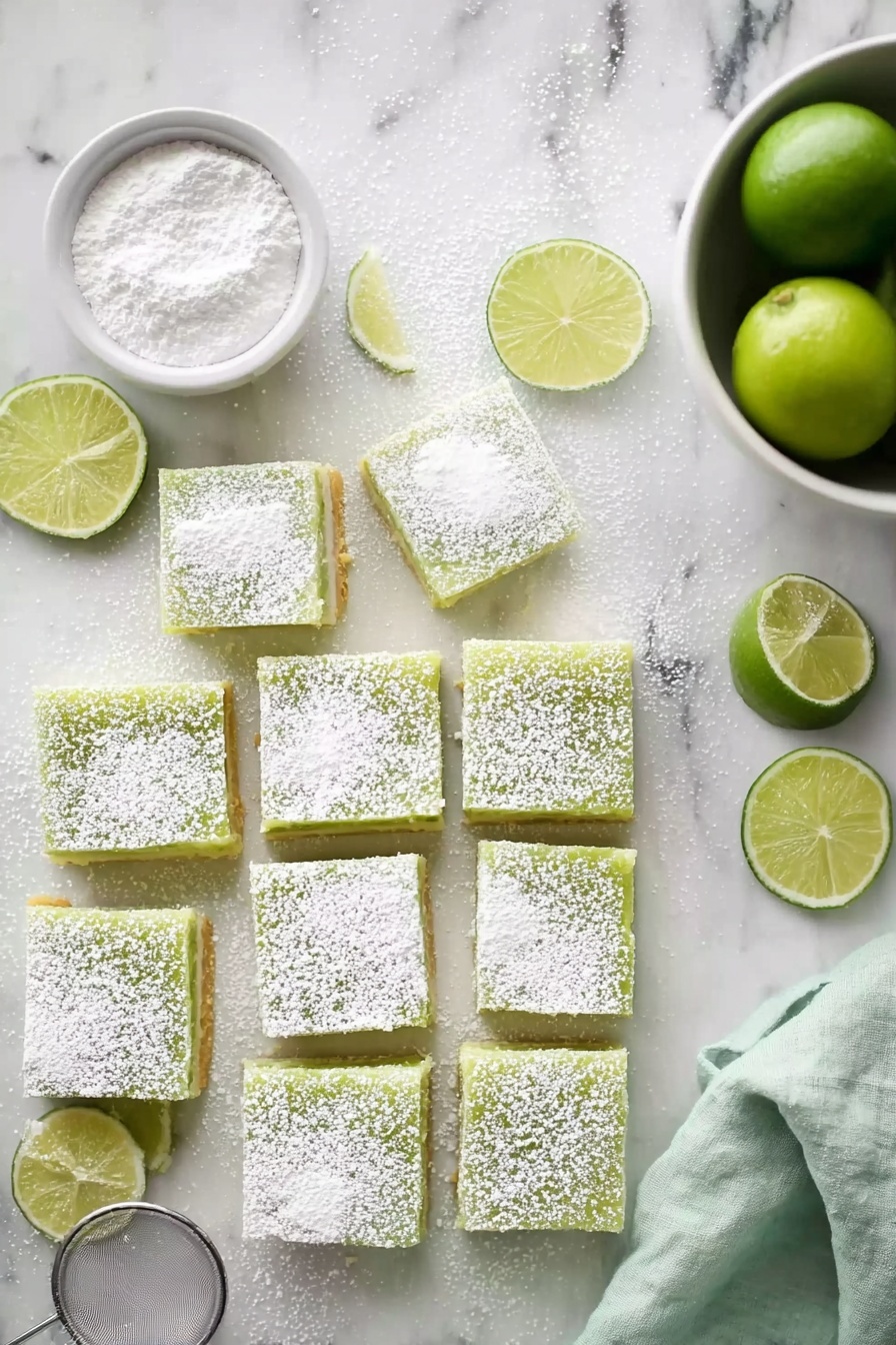 Lime Bars, Lime Bars Recipe, Easy Lime Bars, Tangy Lime Bars, Lemon Lime Dessert - The image shows nine square lime bars arranged in three rows on a white marbled surface. Each bar has a light green layer with a dense texture, topped with a light dusting of white powdered sugar that creates a soft, snowy effect. Next to the squares is a small white bowl filled with white powdered sugar and a metal sifter resting on the surface. On the left edge, there are thin wedges and a half slice of fresh lime, adding a hint of bright green. To the right, there is a white bowl filled with whole green limes and a lime half resting nearby, along with a light green cloth napkin partially visible. The photo taken with an iphone --ar 2:3 --v 7