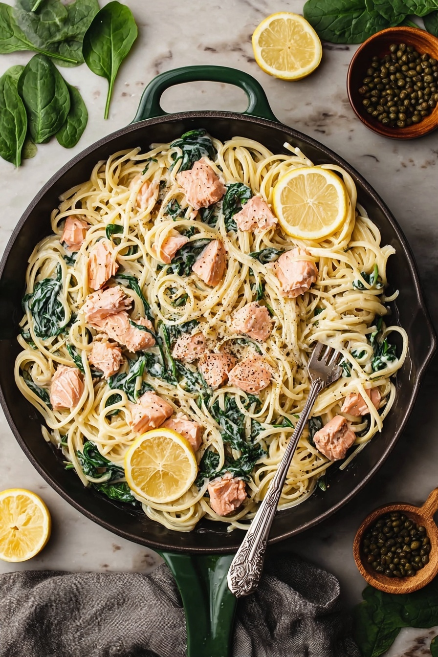 Creamy Salmon Pasta with Spinach, Salmon pasta recipe, easy salmon pasta, quick salmon pasta dish, healthy seafood pasta - A skillet filled with creamy pasta, showing about three layers: a base of light yellow spaghetti noodles intertwined with bright green spinach leaves, creamy white sauce coating the pasta evenly, and scattered pieces of cooked pink salmon chunks with black pepper on top. There are three thin slices of lemon placed on one side of the skillet. A silver fork rests inside the pasta on the right side. The skillet is a dark cast iron with a green handle, set on a white marbled surface with spinach leaves, lemon slices, and a small bowl of capers around it. A grey cloth is partly visible beside the skillet. photo taken with an iphone --ar 2:3 --v 7