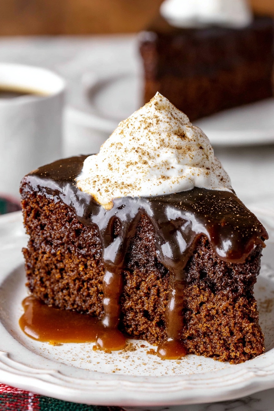Gingerbread Cake with Butterscotch Sauce, gingerbread cake recipe, spiced gingerbread cake, cozy holiday dessert, easy gingerbread cake - A dark brown moist cake slice sits on a white plate with a decorative edge placed on a white marbled surface. The cake has two visible layers of rich texture, topped with a glossy layer of dark caramel sauce that drips down the sides. On top of the caramel is a generous dollop of white whipped cream sprinkled with a light dusting of brown spice. In the blurred background, another slice of the same cake is on a white plate. Photo taken with an iphone --ar 2:3 --v 7