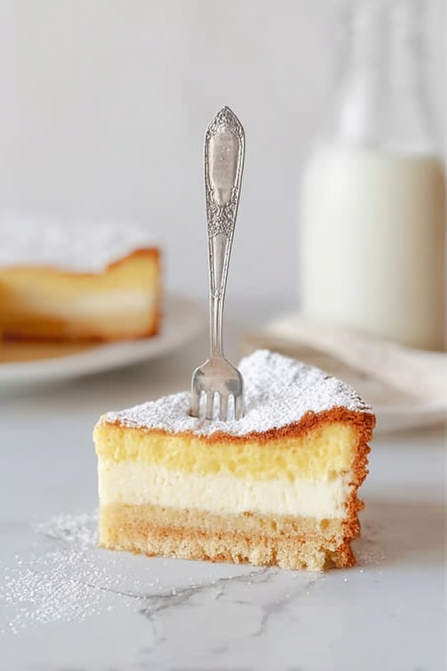 Gooey Butter Cake, Gooey Butter Cake Recipe, Midwestern Dessert, Easy Butter Cake, Warm Sweet Cake - The image shows a slice of a two-layer dessert on a white plate placed on a white marbled surface. The bottom layer is a light golden crust with a firm texture. Above it is a creamy pale yellow layer, smooth and thick. The top is dusted with white powdered sugar that looks soft and powdery. A silver fork with a simple, detailed design is stuck vertically into the slice. In the blurry background, there is a glass bottle filled with white milk. Photo taken with an iphone --ar 2:3 --v 7