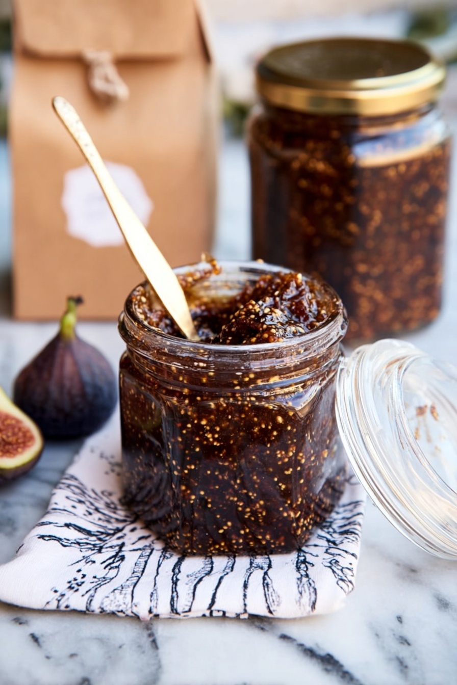 Easy Fig Chutney, fig chutney recipe, homemade fig chutney, sweet and tangy condiment, fruit chutney for cheese boards - The image shows a small glass jar filled with dark brown fig jam mixed with visible yellow seeds spread throughout. A gold butter knife rests inside the jar, coated with the jam, and the jar's glass lid is open and resting to the side. Behind the jar, there is another similar jar also filled with fig jam. On the left, two whole dried figs lean against a brown paper bag with a small label. The scene sits on a white marbled surface with a white cloth that has black and blue patterns under the jar. The photo taken with an iphone --ar 2:3 --v 7