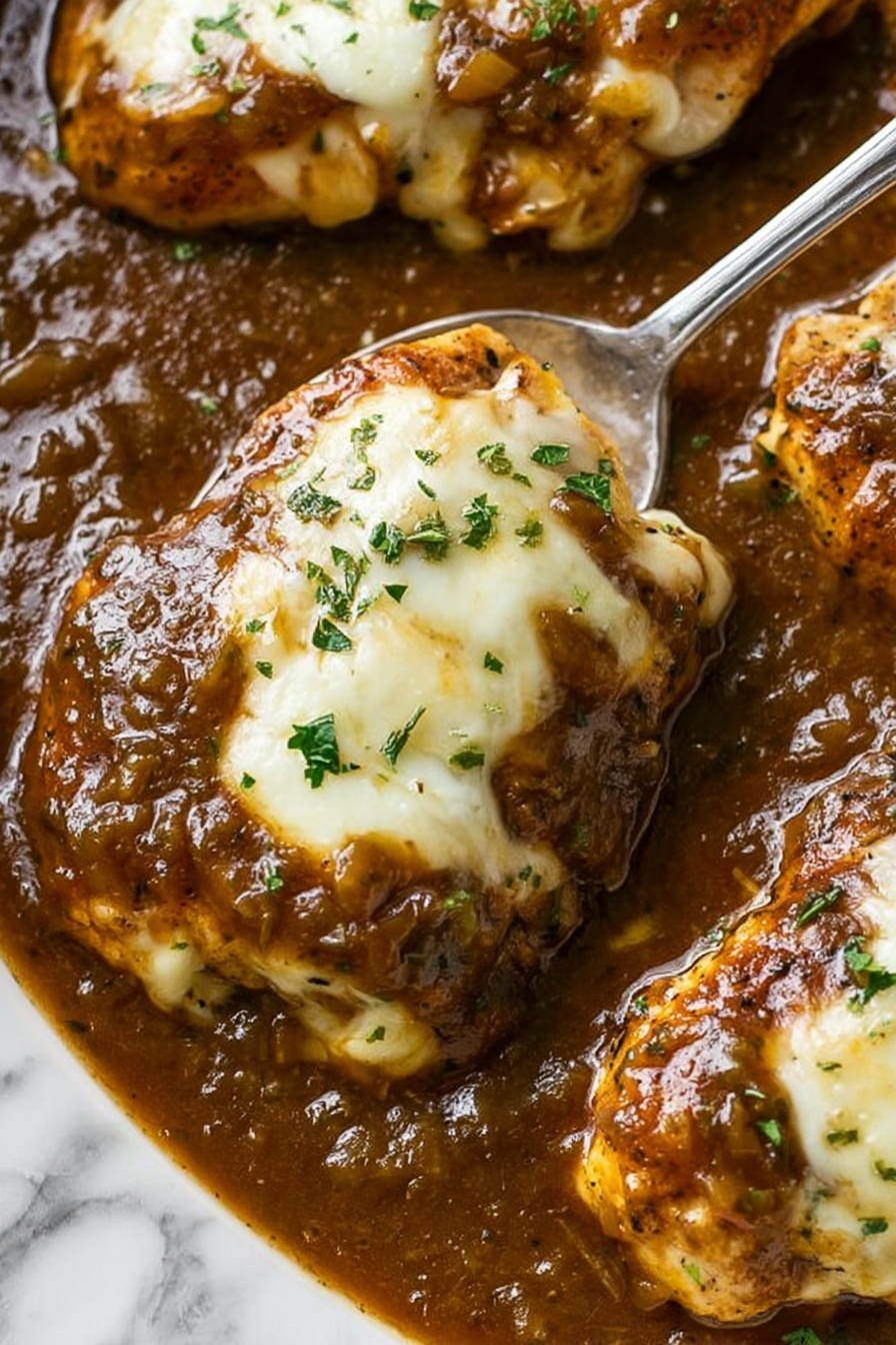 French Onion Chicken Bake, French Onion Chicken, baked chicken with onions, cheesy chicken bake, simple dinner recipes - The image shows several pieces of golden-brown cooked chicken covered in melted white cheese on top. The chicken is smothered in a thick, dark brown sauce with visible small bits of onion and herbs, giving it a rich and shiny texture. The sauce pools around the chicken, making the dish look moist and flavorful. Small green parsley pieces are sprinkled across the top for color contrast. A silver spoon is slightly dipped into the sauce near the top right corner. The whole scene is set against a white marbled texture background. photo taken with an iphone --ar 2:3 --v 7