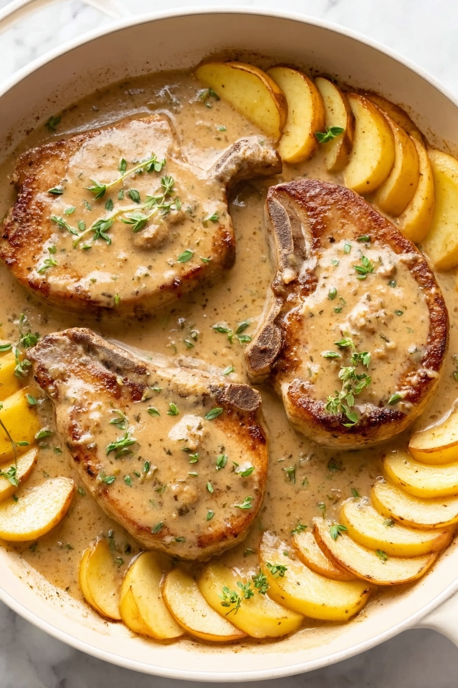 Apple Pork Chops with White Wine Sauce, pork chop recipes, easy pork chop dinners, elegant weeknight meals, white wine pork chops - A white pan holds three pork chops covered with a creamy light brown sauce sprinkled with small green herbs. Around the pork chops, there are curved, golden yellow apple slices arranged in a ring touching the edge of the pan. The sauce looks smooth and thick, lightly coating the meat and apples. The whole scene is set on a white marbled surface. photo taken with an iphone --ar 2:3 --v 7