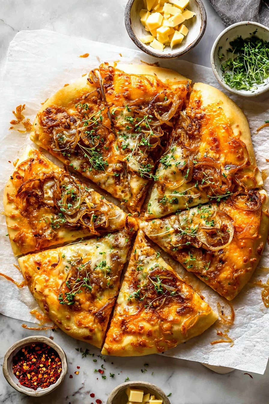Pumpkin and Gouda Pizza with Caramelized Onions, Pumpkin and Gouda Pizza, Fall Onion Pizza Recipe, Savory Pumpkin Pizza, Gourmet Onion and Cheese Pizza - A round pizza cut into eight slices rests on parchment paper over a white marbled surface. The pizza has a golden brown crust with a thick layer of melted light yellow cheese on top. There is a vibrant orange sauce spread unevenly in patches beneath the cheese. Thin, soft caramelized onions with a light brown color are scattered generously across the entire pizza. Fresh green herb bits are sprinkled lightly over the pizza’s surface. Around the pizza, small bowls hold red chili flakes, fresh green herbs, and chunks of yellow cheese. The photo taken with an iphone --ar 2:3 --v 7