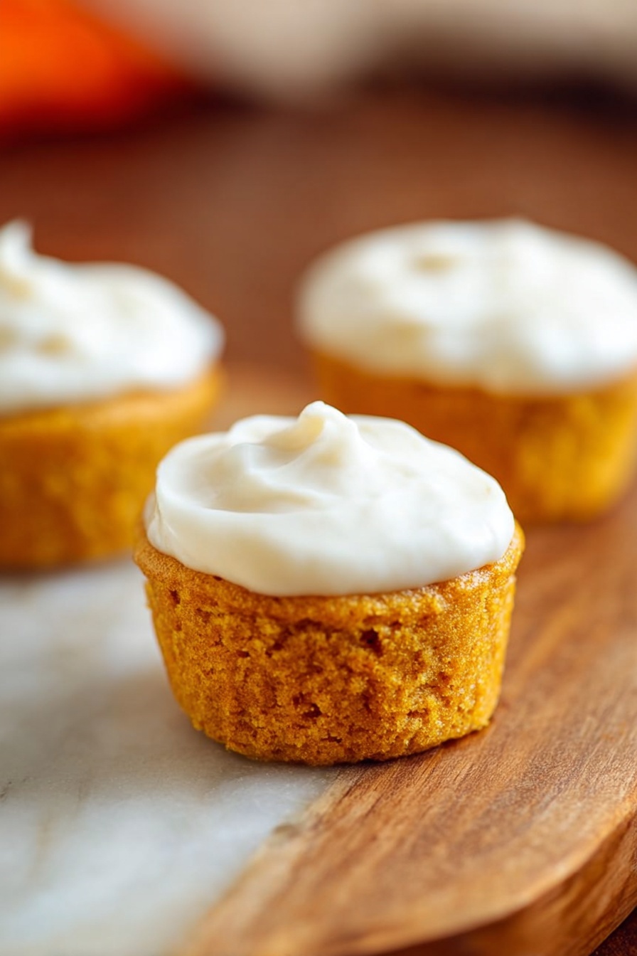 Flourless Pumpkin Muffins, pumpkin muffins without flour, gluten-free pumpkin muffins, healthy pumpkin muffin recipe, easy pumpkin muffin recipe - Three small round cupcakes sit on a wooden surface with a white marbled texture. Each cupcake has one layer of golden orange cake with a soft crumb texture. On top of each cake, there is a smooth layer of white frosting spread evenly. The focus is on the closest cupcake in the front center, with the other two slightly blurred in the background. photo taken with an iphone --ar 2:3 --v 7
