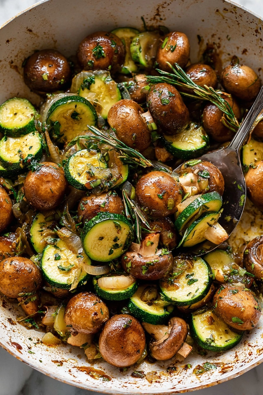 Skillet Zucchini and Mushrooms, zucchini and mushroom stir-fry, easy vegetable skillet, healthy veggie dinner, quick zucchini mushroom recipe - The image shows a pan full of cooked mushrooms and zucchini slices mixed with small bits of onion and herbs. The mushrooms are golden brown and round, some whole and some with the tops showing a soft, textured surface. The zucchini slices are curved half-moons with a bright green skin and light green inside. Small green herbs are sprinkled all over, with a few whole twig-like herbs placed on top. The vegetables look moist and shiny with a slight oily glaze. The pan is white with a few brown cooked bits sticking to the sides, sitting on a white marbled surface. A silver spoon is scooping some of the mix from the pan. photo taken with an iphone --ar 2:3 --v 7