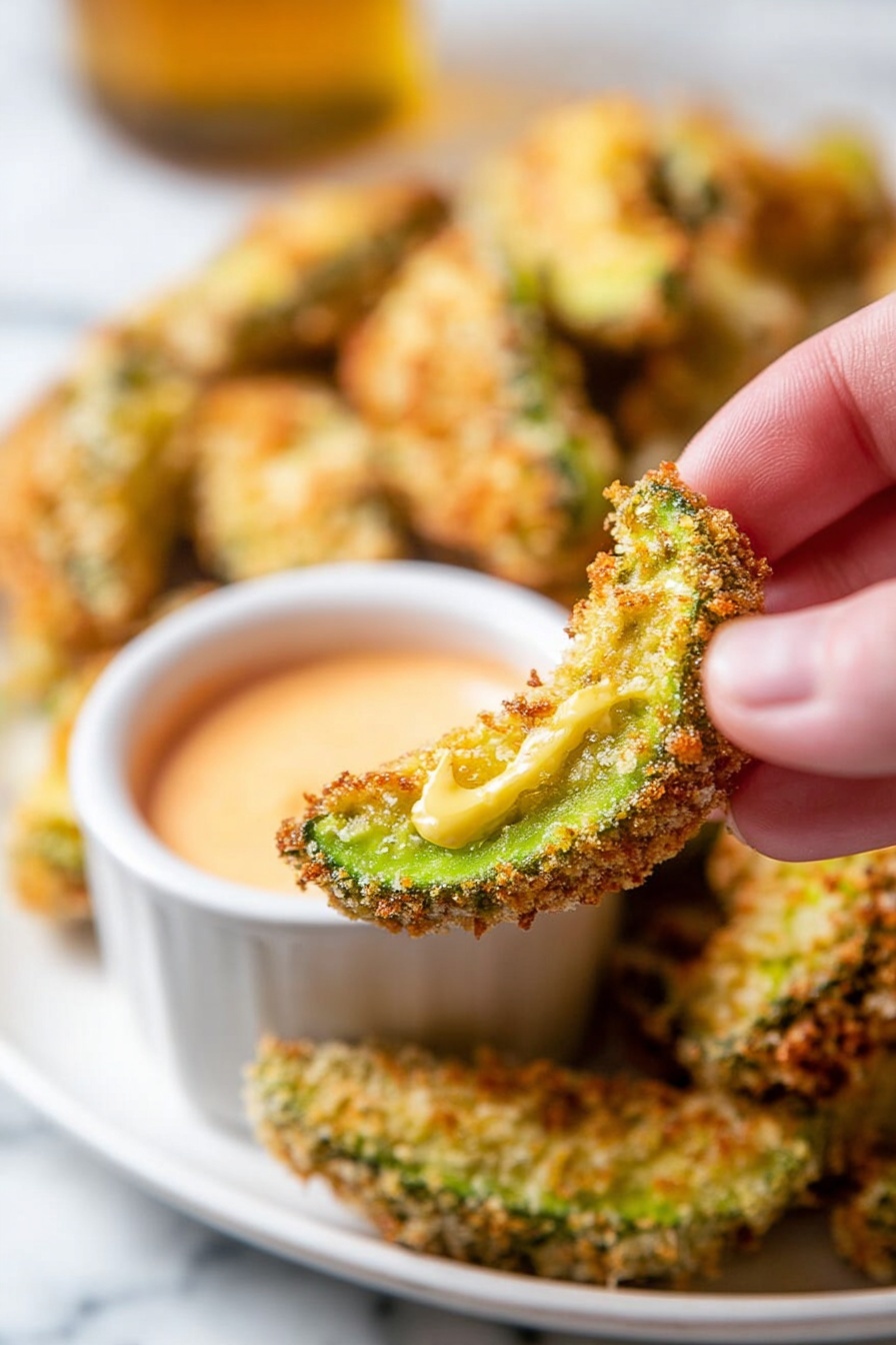 Baked Avocado Fries, crispy baked avocado fries, healthy avocado snack, easy avocado fries, crispy avocado recipes - The image shows many pieces of avocado slices covered in a golden crispy coating, arranged neatly in rows on a dark baking tray with diagonal ridges. Each avocado slice is bright green inside, with a crunchy light brown breaded layer on the outside. Some parts of the tray have small burnt spots and crumbs, showing the food has been baked or roasted. The colors are warm and inviting, with the green of the avocado contrasting nicely against the golden crust and dark tray. photo taken with an iphone --ar 2:3 --v 7