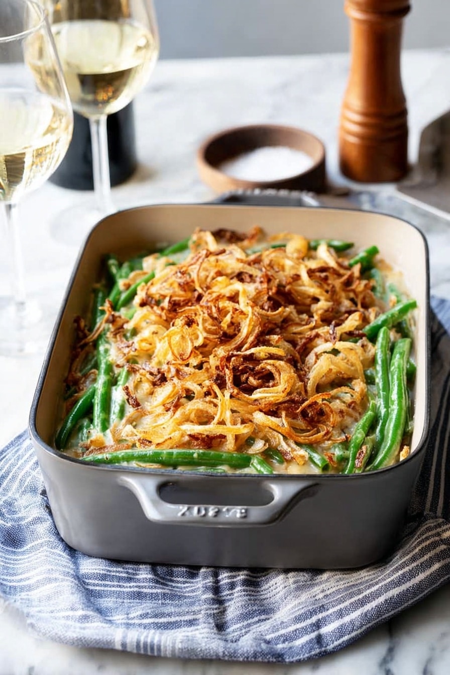 Green Bean Casserole with Mushroom Bechamel and Crispy Onion Topping, green bean casserole, mushroom bechamel sauce, crispy onion topping, classic side dish - A rectangular gray casserole dish filled with a layered green bean casserole sits on a white marbled surface with a blue and white striped cloth beneath it. The bottom layer consists of fresh, bright green beans arranged evenly, topped with a thick layer of creamy sauce mixed with the beans, and the top layer shows golden brown, crispy fried onions scattered generously, some darker and some lighter in color creating a textured look. In the background, there is a clear glass of white wine, a bottle, a wooden pepper grinder, and a small bowl of salt, all resting on the same white marbled surface. The dish looks warm and ready to serve. photo taken with an iphone --ar 2:3 --v 7