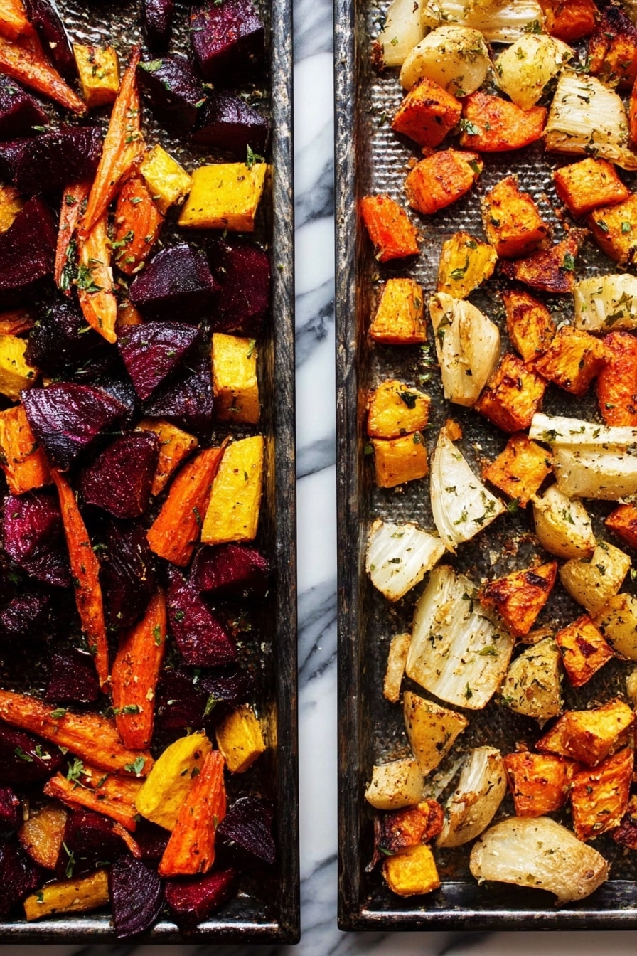 Roasted Root Vegetables with Crispy Sage and Herb-infused Oil, roasted root vegetables, crispy sage recipes, herb-infused vegetable dishes, autumn vegetable recipes - The image shows two baking trays side by side filled with roasted vegetables. The left tray contains roughly chopped pieces of beets in dark purple, carrots in bright orange, and yellow beets, all mixed and sprinkled with herbs and seasoning, with a slightly shiny roasted texture. The right tray features a mix of golden brown roasted sweet potatoes, white parsnips, and beige root vegetables, all cut into irregular chunks and coated with herbs and spices giving a caramelized look. Both trays have a metal texture underneath the vegetables and are placed on a white marbled surface. Photo taken with an iphone --ar 2:3 --v 7