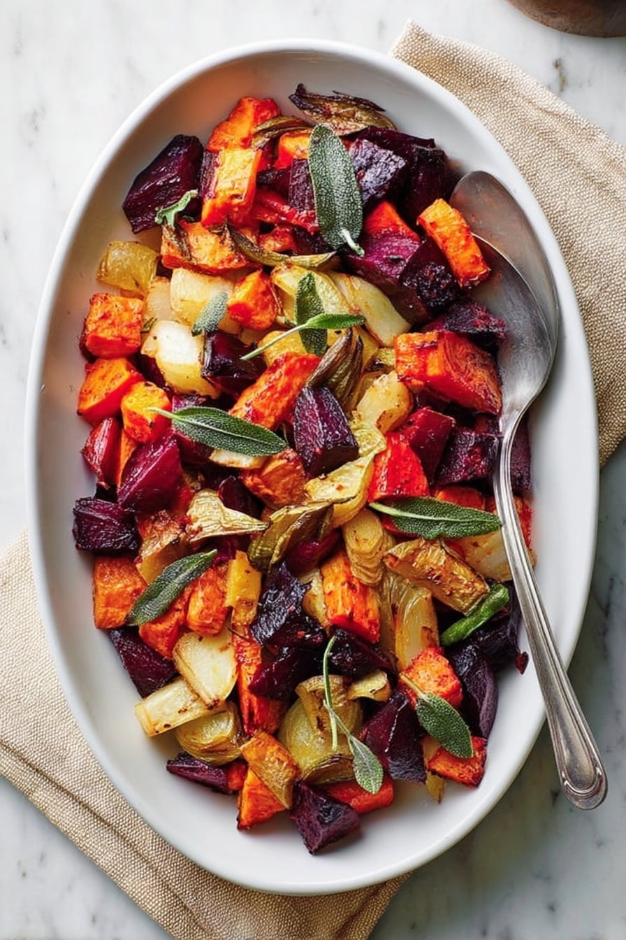Roasted Root Vegetables with Crispy Sage and Herb-infused Oil, roasted root vegetables, crispy sage recipes, herb-infused vegetable dishes, autumn vegetable recipes - A white oval dish filled with a colorful mix of roasted vegetables in layers: bright orange sweet potato chunks, deep purple beet pieces, caramel-colored parsnip slices, and pale beige root vegetable bits, all mixed together and garnished with fresh green sage leaves scattered on top. A silver spoon rests on the right side of the dish, and a light beige napkin is tucked under the spoon. The background is a white marbled surface. Photo taken with an iphone --ar 2:3 --v 7