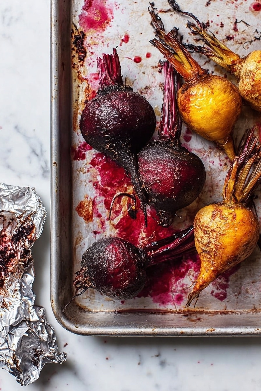 Roasted Beets with Olive Oil, Salt, and Pepper, simple beet side dish, roasted beet recipe, easy roasted beets, healthy beet recipes - The image shows a metal baking tray on a white marbled surface, holding six roasted root vegetables. There are three deep purple-red beets on the left and three golden-yellow beets on the right, each with rough, slightly charred skin and stems attached. The tray has splatters of red beet juice around the vegetables. In the bottom left corner, a crumpled piece of aluminum foil with dark red stains is visible. Photo taken with an iphone --ar 2:3 --v 7