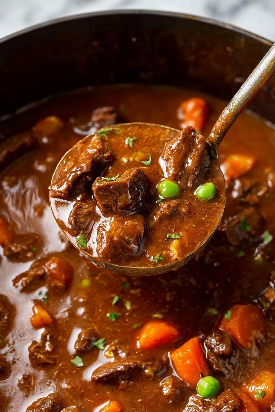 Slow Cooker Beef Stew, hearty beef stew, easy slow cooker recipes, comforting dinner ideas, tender beef recipes - The image shows a thick beef stew with a rich brown sauce, filled with tender dark brown pieces of beef, bright orange chunks of carrots, and a few green peas scattered throughout. In the center, a metal ladle lifts a portion of the stew, fully loaded with the same ingredients, the sauce shiny and smooth with visible herbs. The stew fills the frame, resting on a white marbled surface. photo taken with an iphone --ar 2:3 --v 7