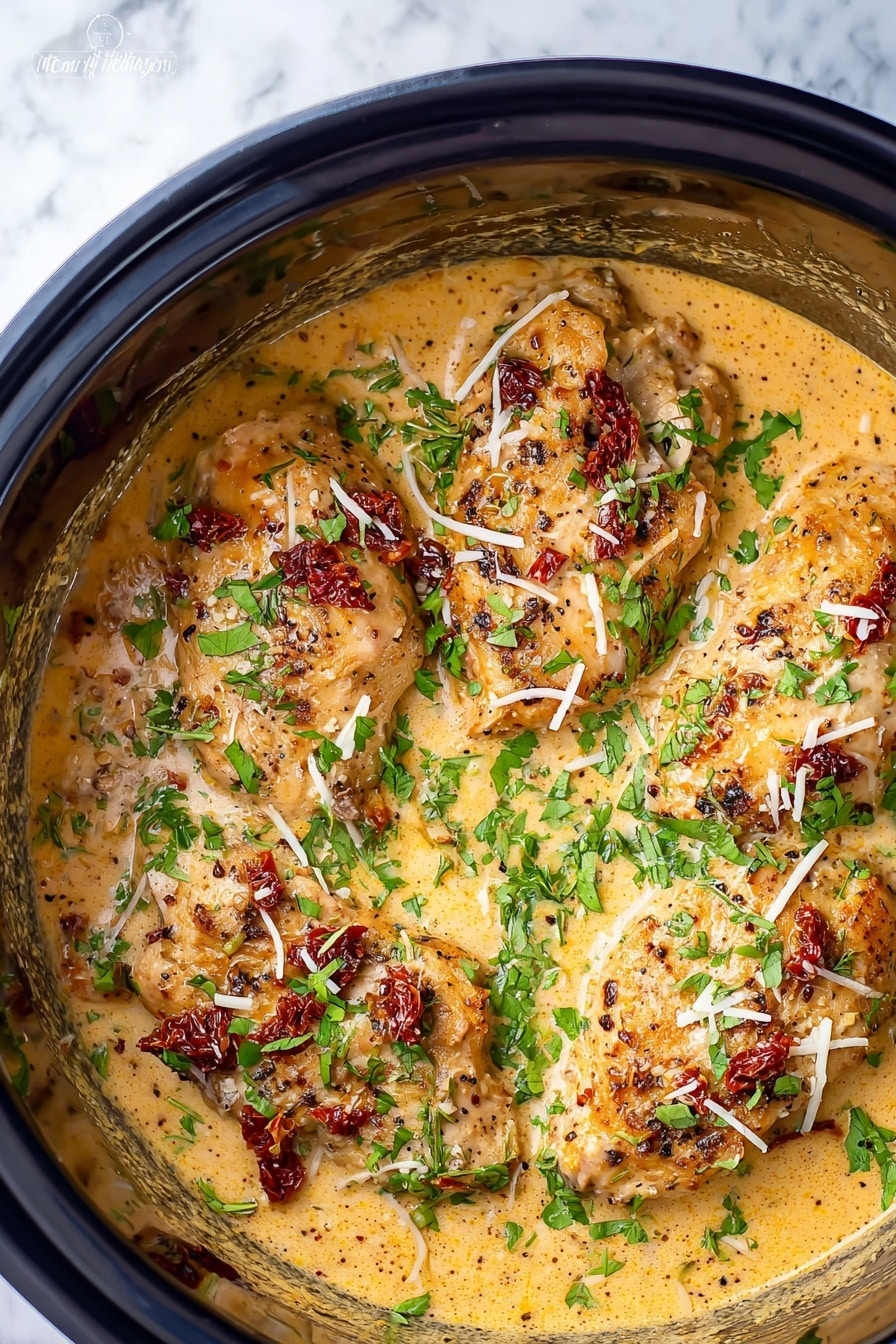 Crock Pot Marry Me Chicken, easy Crock Pot chicken recipes, creamy garlic chicken, slow cooker chicken dinner, romantic chicken recipes - The image shows four cooked chicken pieces in a creamy, thick sauce inside a black pot. The sauce is light orange-yellow with a smooth texture. The chicken pieces are golden brown with some dark red-brown bits on top that look like sun-dried tomatoes or spices. Fresh green herbs, probably chopped parsley or basil, are sprinkled all over the chicken and sauce. There are also thin white shreds, likely grated cheese, spread evenly on top. The pot is placed on a white marbled surface. photo taken with an iphone --ar 2:3 --v 7