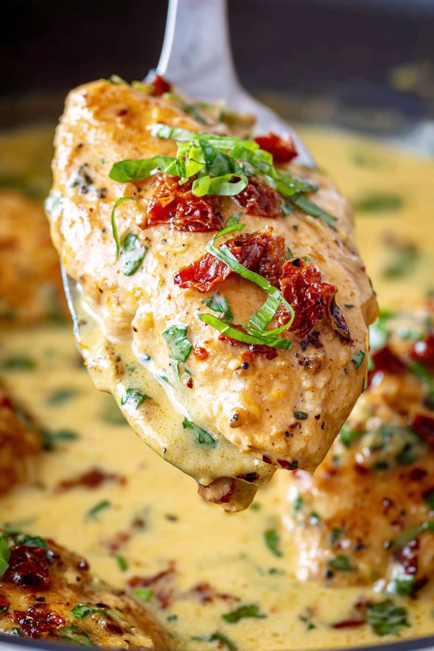 Crock Pot Marry Me Chicken, easy Crock Pot chicken recipes, creamy garlic chicken, slow cooker chicken dinner, romantic chicken recipes - The image shows a close-up of a single cooked piece of chicken covered in creamy sauce with small bits of sun-dried tomatoes and fresh green herbs on top. The chicken is held above a pan filled with more creamy sauce, with additional pieces of chicken partially visible under the sauce. The sauce is a pale yellow color with bits of tomato and herbs scattered throughout, and the chicken looks tender and juicy with a slightly browned surface. The photo is sharp, with the details of the herbs and sauce texture clear. photo taken with an iphone --ar 2:3 --v 7