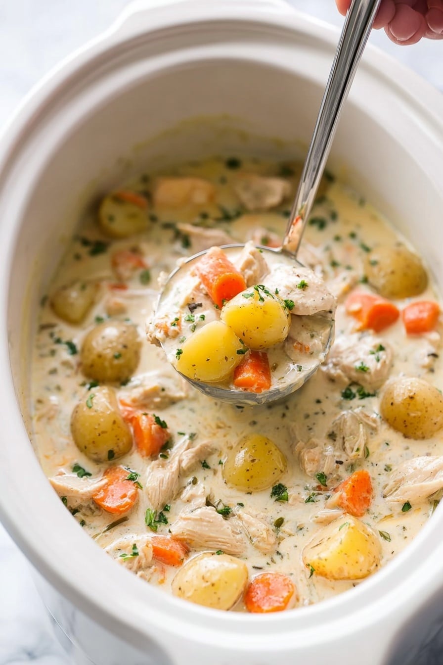 Slow Cooker Garlic Parmesan Chicken Stew, garlic parmesan chicken stew, easy slow cooker chicken recipes, comforting chicken stew, hearty slow cooker meals - A white crockpot filled with creamy chicken stew, containing chunks of white chicken meat, small yellow potatoes, orange carrot slices, and small bits of green herbs scattered throughout, the stew has a thick light cream-colored broth, a woman's hand is holding a silver ladle lifting a portion of the stew above the pot, showing the layers of chicken, potatoes, and carrots in the thick sauce, the background and surface are white marbled texture photo taken with an iphone --ar 2:3 --v 7