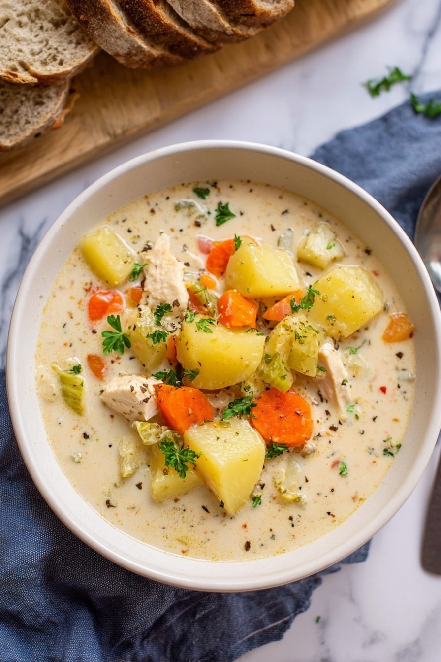 Slow Cooker Garlic Parmesan Chicken Stew, garlic parmesan chicken stew, easy slow cooker chicken recipes, comforting chicken stew, hearty slow cooker meals - The image shows a white bowl filled with creamy soup that has several layers of ingredients. The base layer is a thick, light beige cream soup with small black specks of pepper. On top, there are chunks of yellow potatoes with skin, bright orange carrot pieces, and small pieces of white chicken meat. Green parsley leaves are sprinkled over the soup for color. The bowl rests on a white marbled surface with a blue-gray cloth beside it, and a wooden board with sliced rustic bread is partly shown at the top left. Photo taken with an iphone --ar 2:3 --v 7
