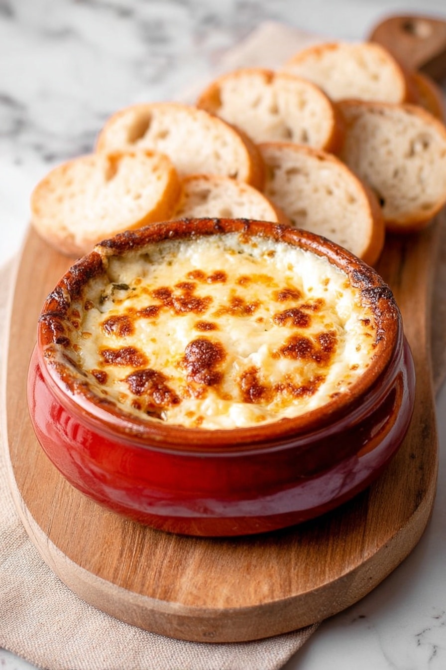 Baked Spinach Dip, creamy spinach dip, cheesy spinach appetizer, hot spinach cheese dip, easy party spinach dip - A woman's hand is lifting a piece of bread topped with creamy spinach and melted cheese, with long cheese strands stretching from the piece to a round red ceramic bowl below. The bowl is filled with a baked and bubbly layer of golden-brown melted cheese on top, underneath which is visible a creamy spinach mixture. The bowl is placed on a wooden board with more bread slices blurred in the background, all set on a white marbled surface. Photo taken with an iphone --ar 2:3 --v 7