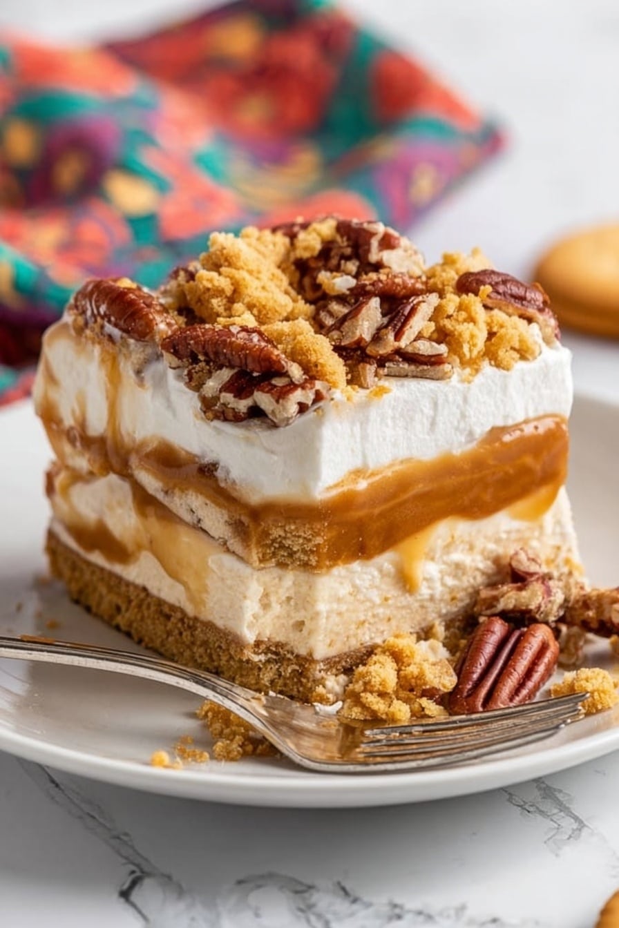 No Bake Pumpkin Lush, no bake pumpkin dessert, layered pumpkin dessert, fall pumpkin treats, easy pumpkin pie no bake - The image shows a square dessert on a white plate with three visible layers: a crumbly brown crust at the bottom, a thick light brown creamy middle layer, and a white whipped topping layer on top. The dessert is sprinkled with broken pecan pieces and chunks of a golden cookie. There are a few pecan pieces and cookie crumbs on the plate around the dessert, along with a whole light brown cookie on the side. The background is a white marbled surface with a colorful cloth featuring floral patterns in soft yellow, blue, and red tones. Photo taken with an iphone --ar 2:3 --v 7