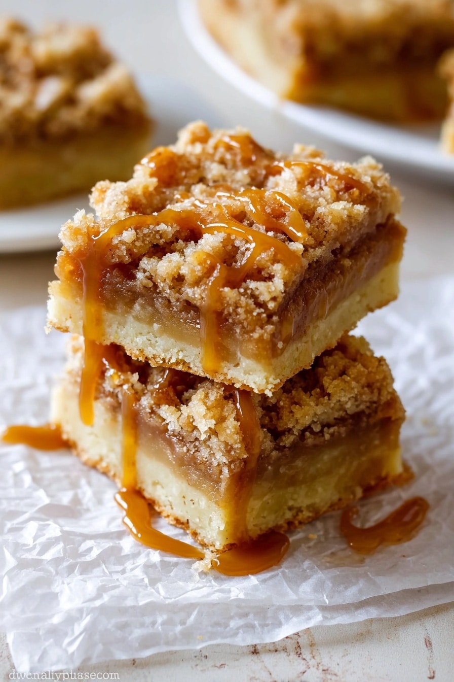 Salted Caramel Apple Pie Bars, apple pie bars with salted caramel, fall-inspired dessert recipes, easy apple dessert bars, caramel apple crumble bars - Two square bars are stacked on top of each other on a piece of crinkled parchment paper. Each bar has three visible layers: a pale yellow bottom crust, a light brown middle layer with small chunks, and a golden crumbly top layer. A shiny caramel sauce is drizzled over the top and is slightly dripping down the sides of the bars. The surface underneath is a white marbled texture. In the background, there is a blurred white plate with more bars. photo taken with an iphone --ar 2:3 --v 7