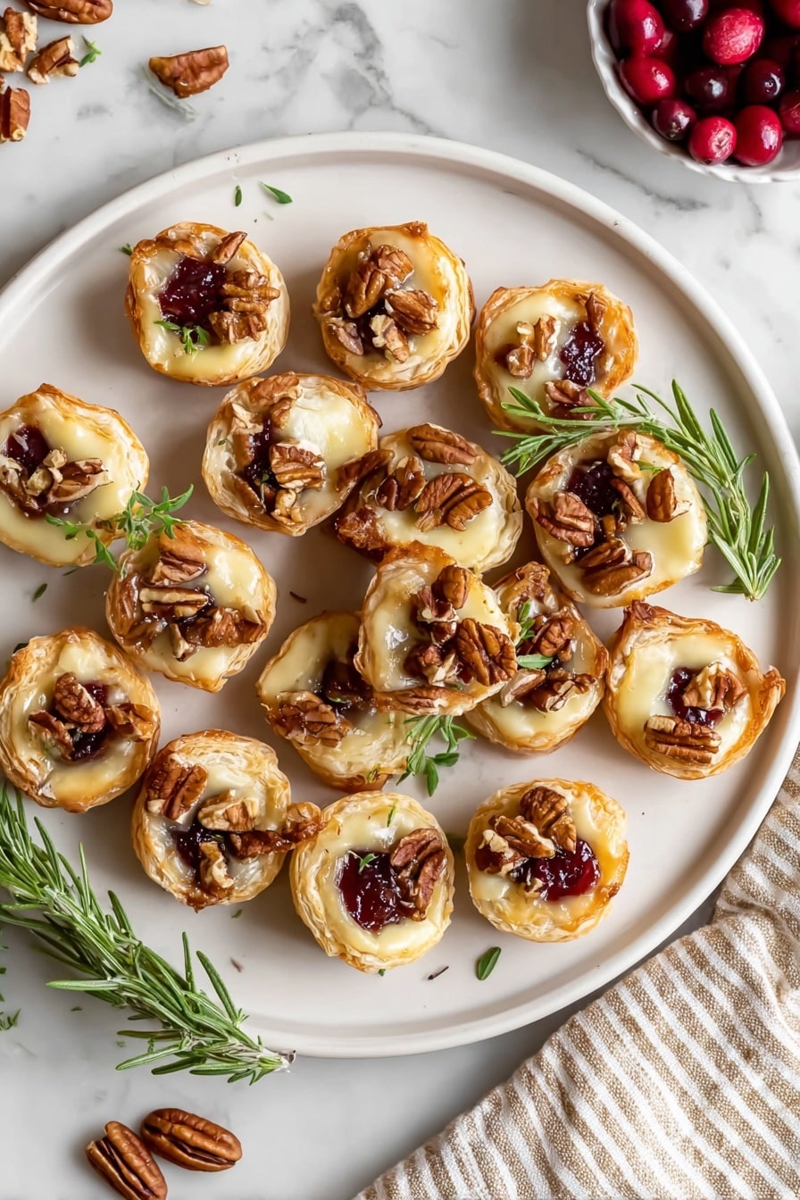 Cranberry Brie Bites with Puff Pastry, easy party appetizers, holiday appetizer recipes, flaky puff pastry snacks, cranberry brie finger foods - The image shows a white plate with six small puff pastry cups. Each cup has a golden brown crust, filled with melted pale yellow cheese and sprinkled with pieces of toasted pecans. On top of each cup, there is a small sprig of fresh green rosemary, adding a pop of color. The pastries are arranged in a circular shape on a white marbled surface. The photo is close up, focusing on the texture of the flaky pastry and glossy cheese. photo taken with an iphone --ar 2:3 --v 7